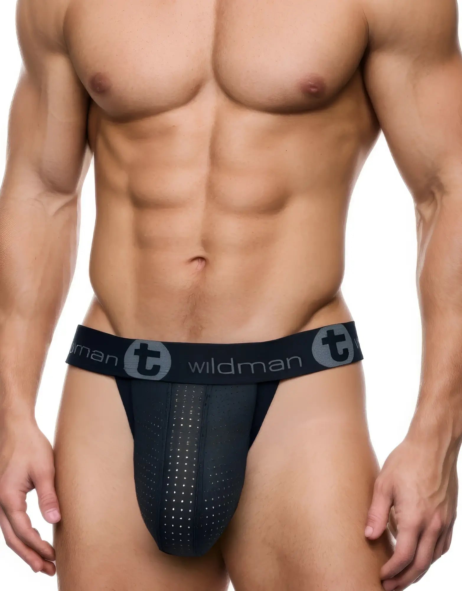 Black WildmanT jockstrap with a perforated rubber-look pouch and elastic waistband featuring the brand logo.