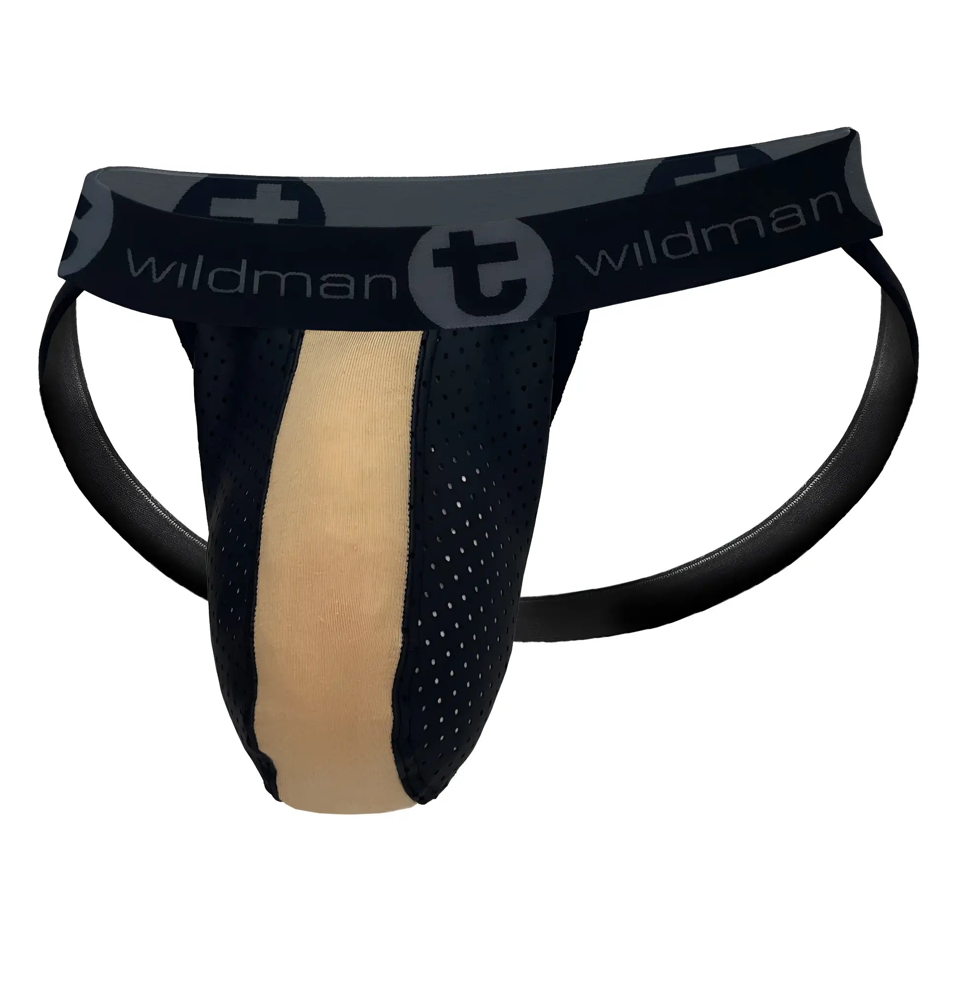 WildmanT jockstrap with a black perforated pouch, tan center panel, and branded black elastic waistband.