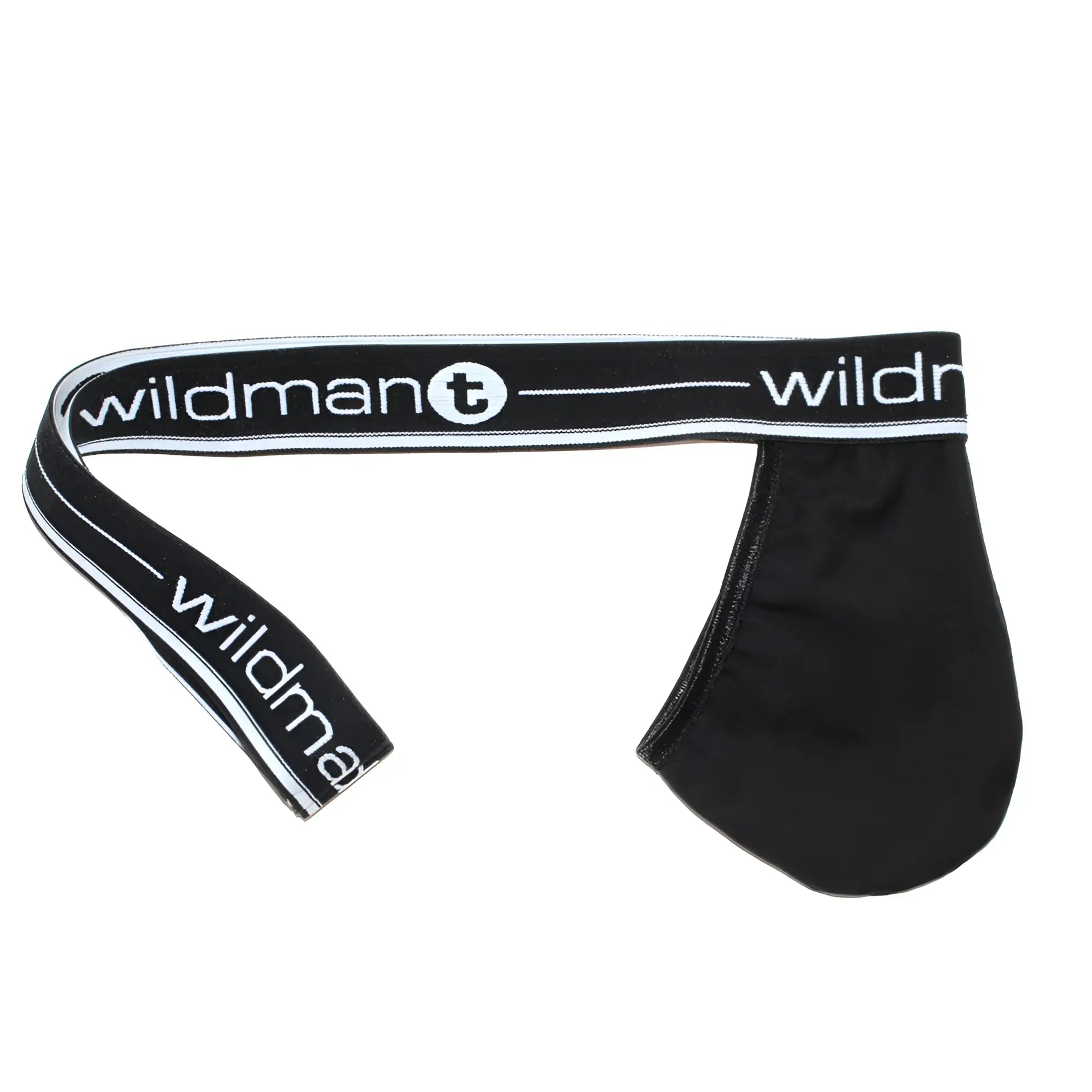 Black WildmanT strapless jockstrap with a large front pouch and white logo-branded elastic waistband.