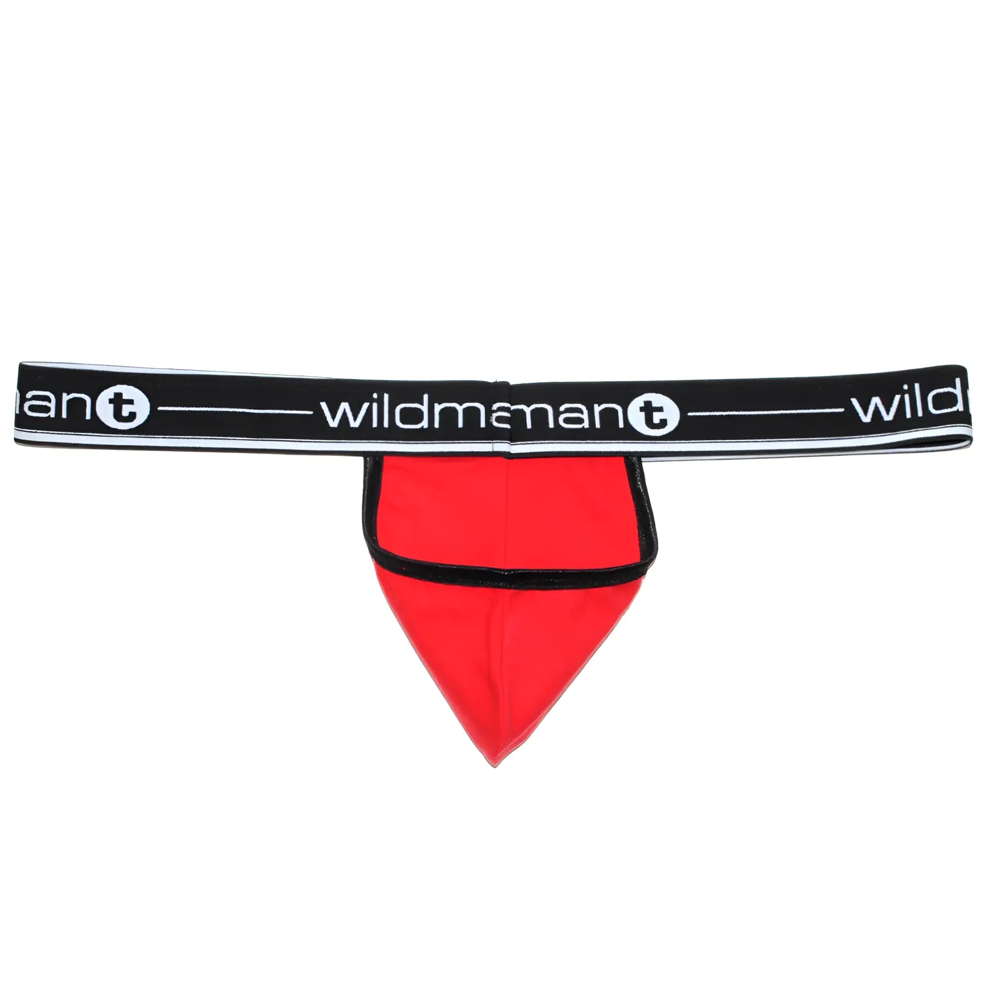 Red WildmanT strapless jockstrap with a black logo-branded waistband and a contoured fabric pouch.