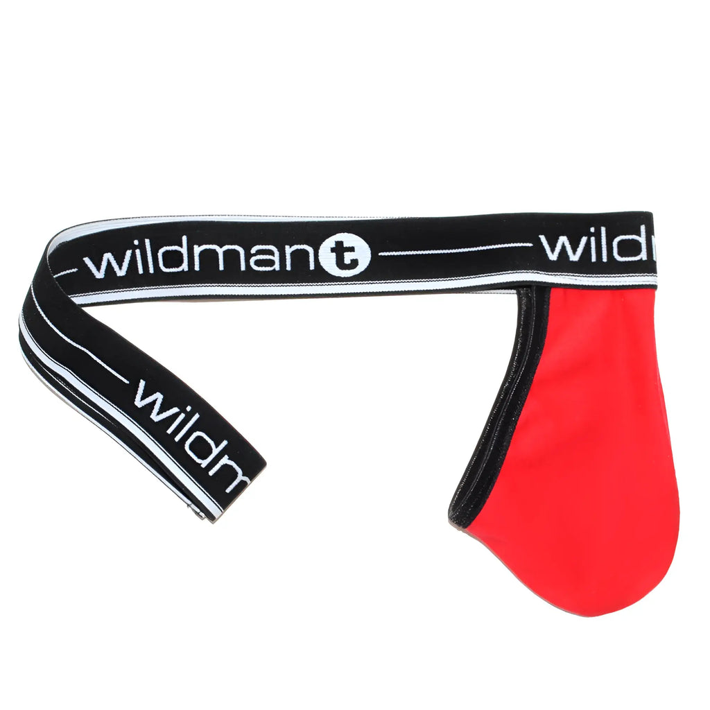 Red strapless jockstrap with a large pouch and a black waistband featuring white "wildmant" branding.
