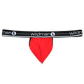 WildmanT red strapless jockstrap with a prominent pouch and a black waistband featuring white "wildmant" branding.