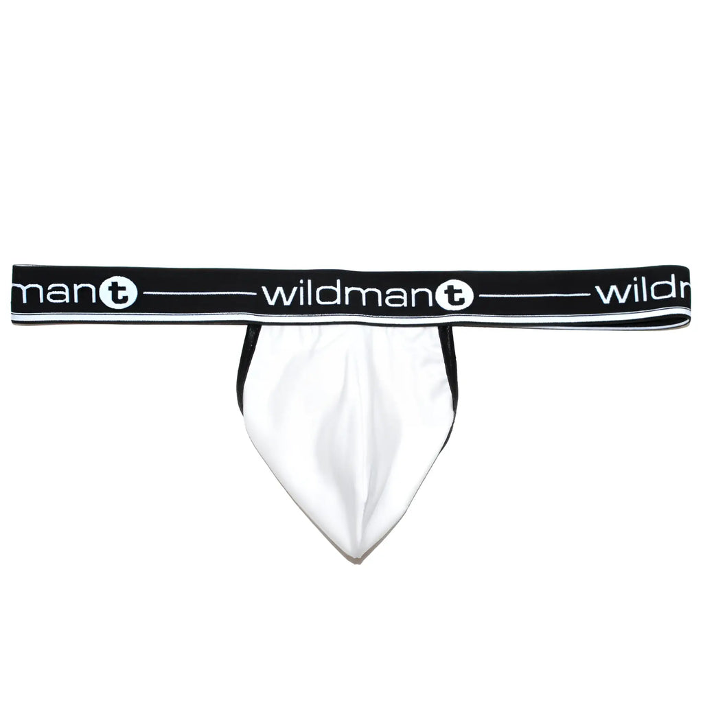 White WildmanT Big Boy strapless jockstrap with a white pouch and a black waistband featuring white logo text.