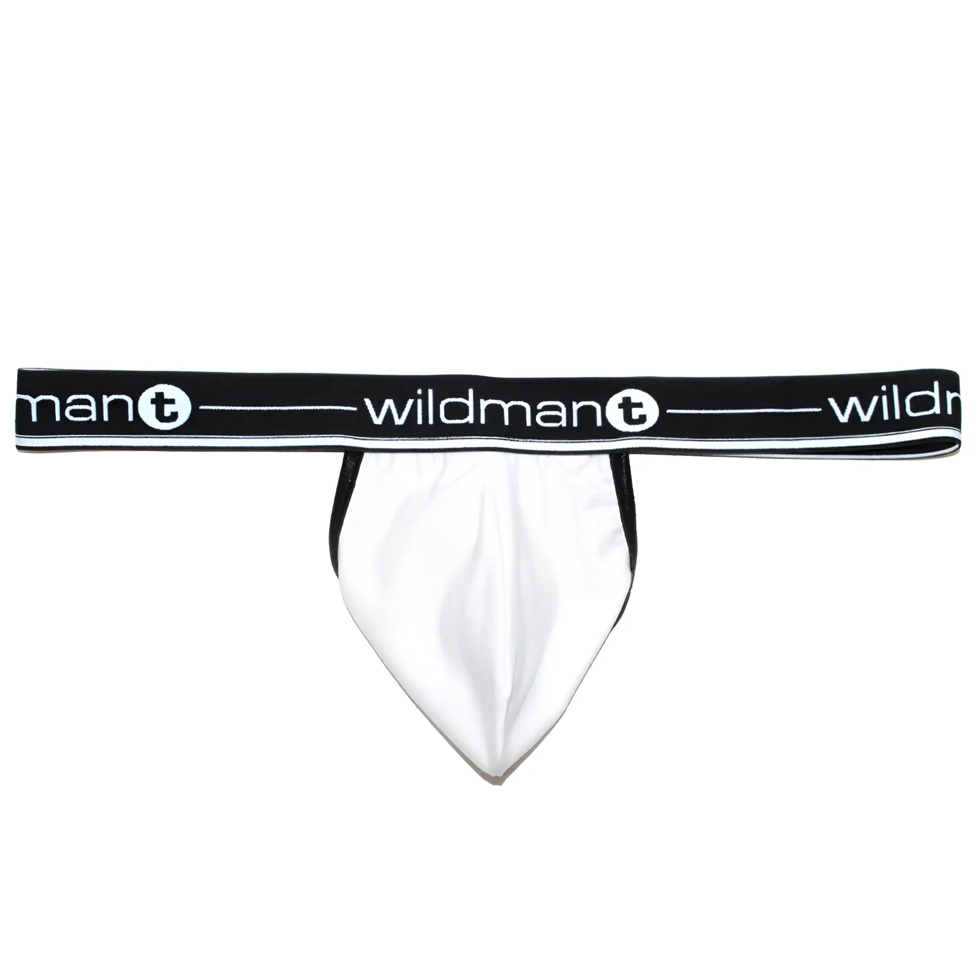 White WildmanT Big Boy strapless jockstrap with a white pouch and a black waistband featuring white logo text.