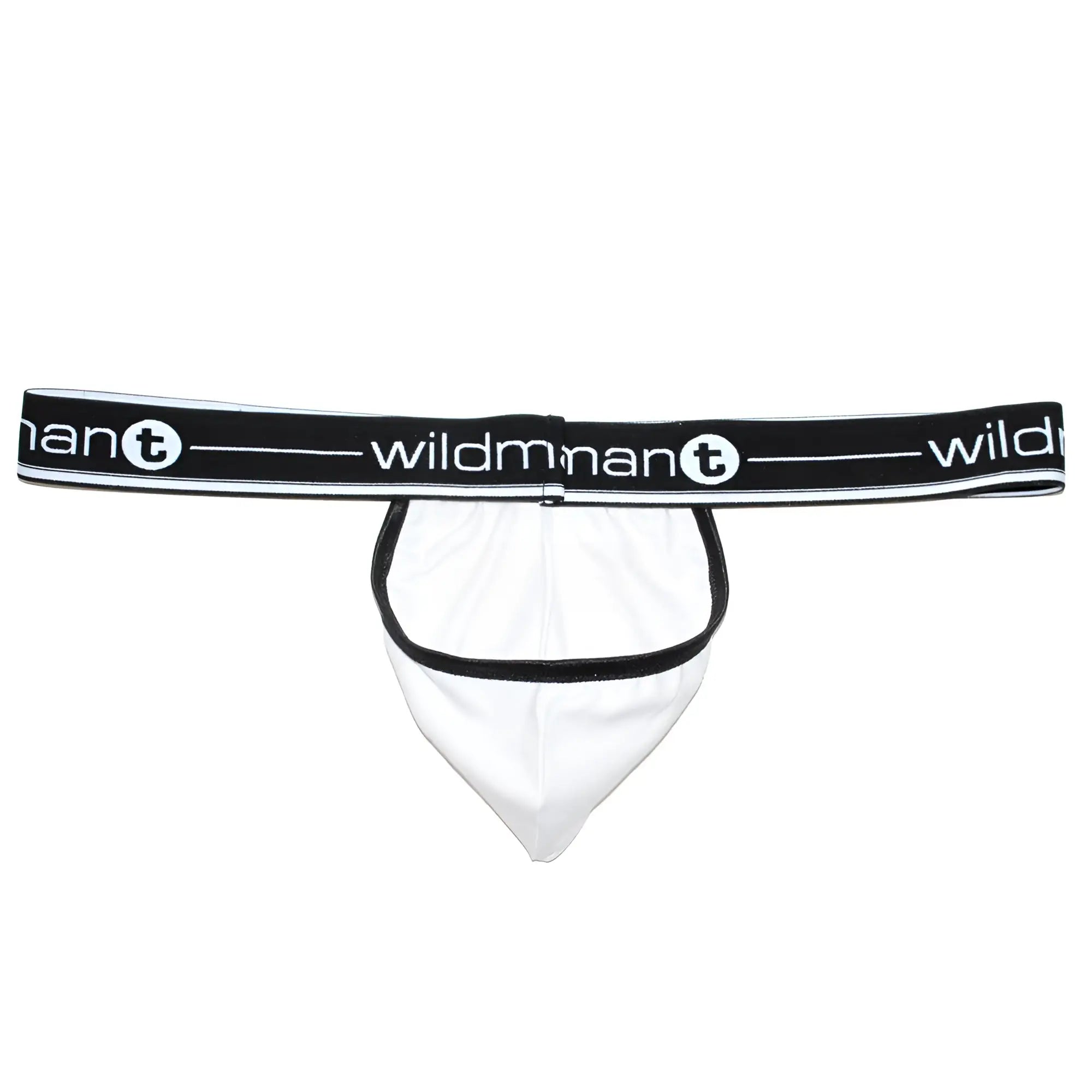 White WildmanT strapless jockstrap with a black-trimmed pouch and a black branded waistband.