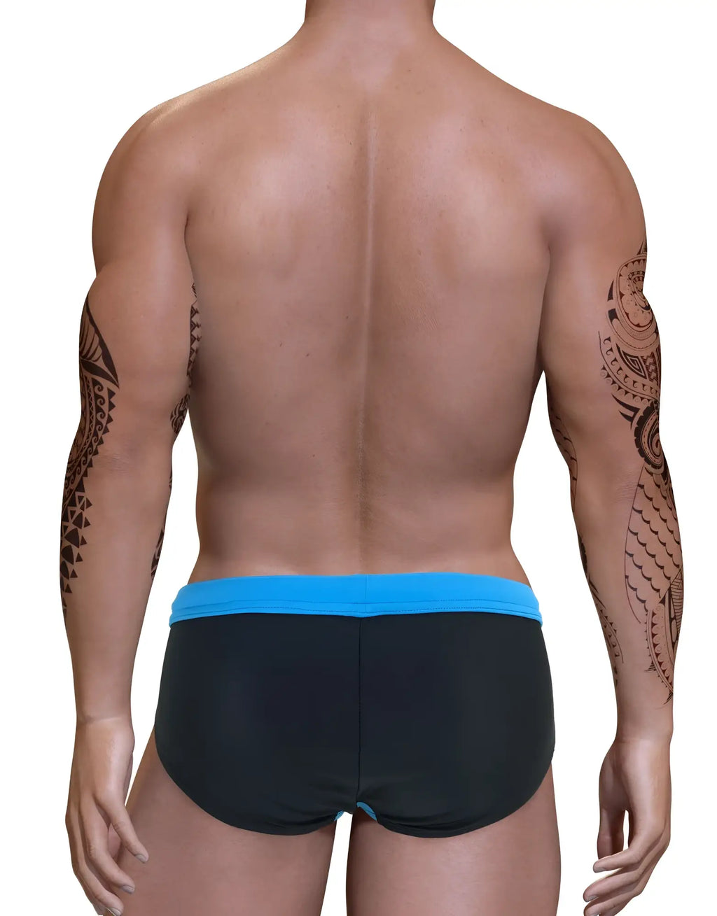 Back view of a muscular man with arm tattoos wearing a black swim bikini with a bright blue waistband.