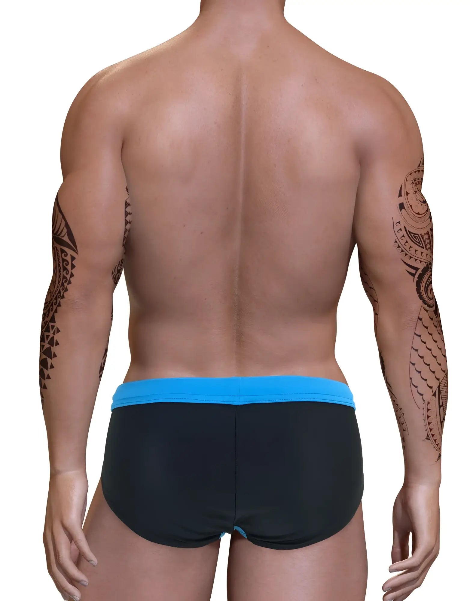 Back view of a muscular man with arm tattoos wearing a black swim bikini with a bright blue waistband.