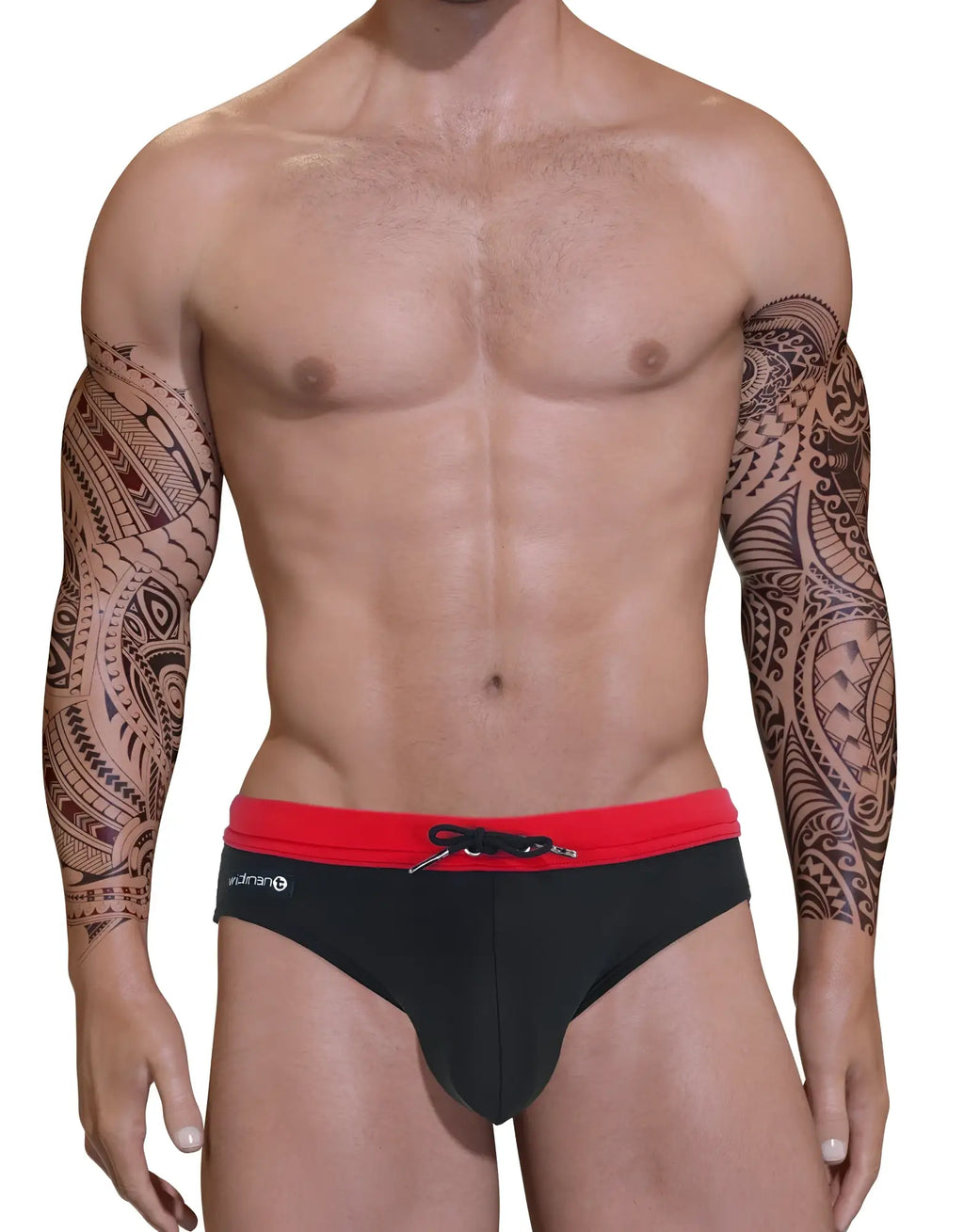 Black and red pouch-style swim bikini with a front drawstring, featuring a small white logo on the hip.