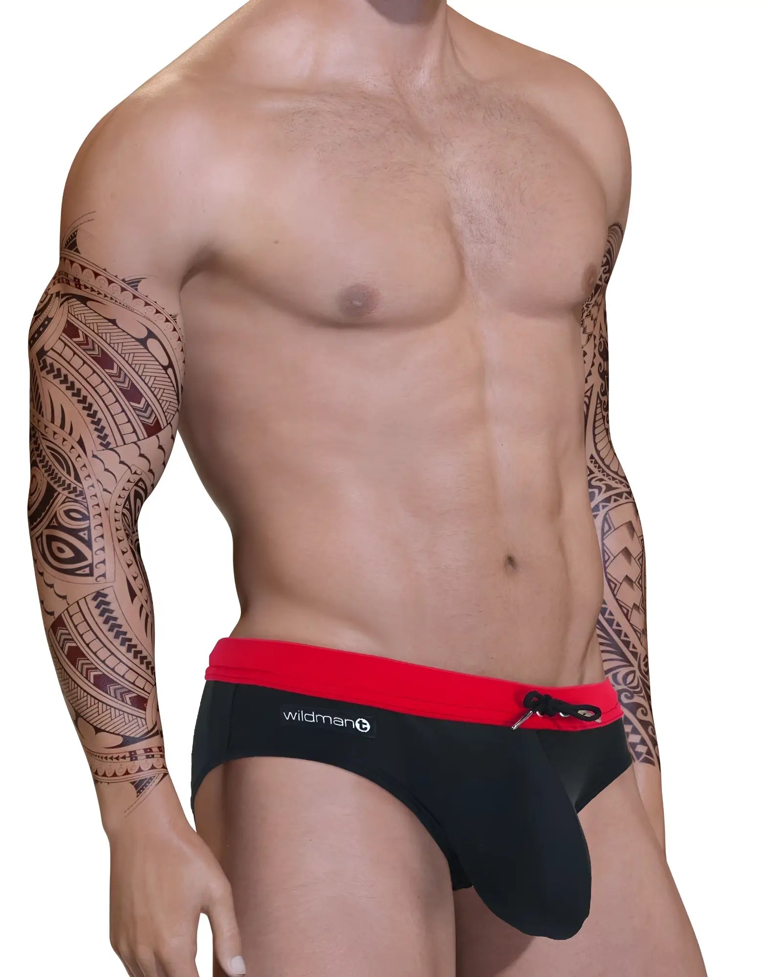 Black swim bikini with a red waistband, drawstring, and WildmanT logo patch on the hip, worn by a muscular model.