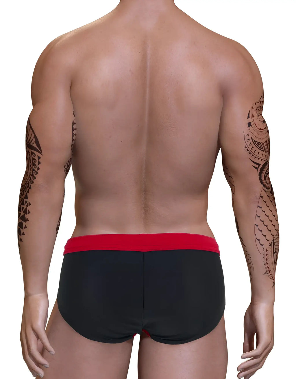 Back view of a muscular man with arm tattoos wearing a black swim bikini with a red waistband.