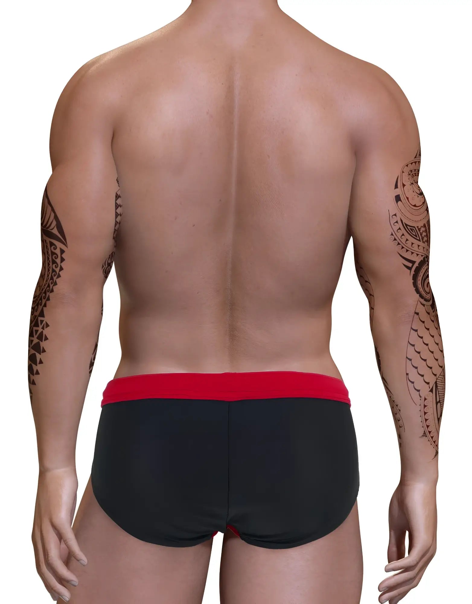 Back view of a muscular man with arm tattoos wearing a black swim bikini with a red waistband.