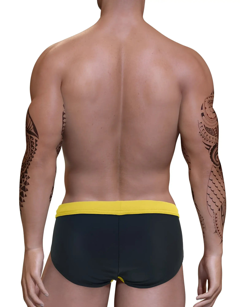 Back view of a muscular man with tribal arm tattoos wearing a black swim bikini with a yellow waistband.