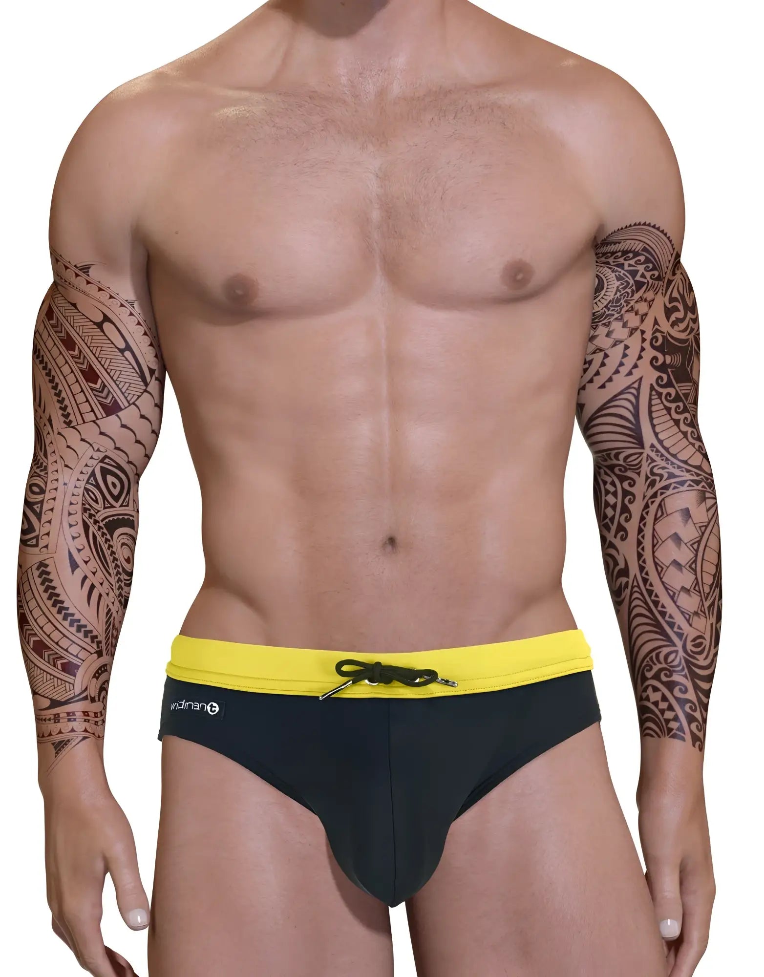 Black swim bikini with a yellow waistband and drawstring, featuring a "Big Boy" pouch design and small side logo.