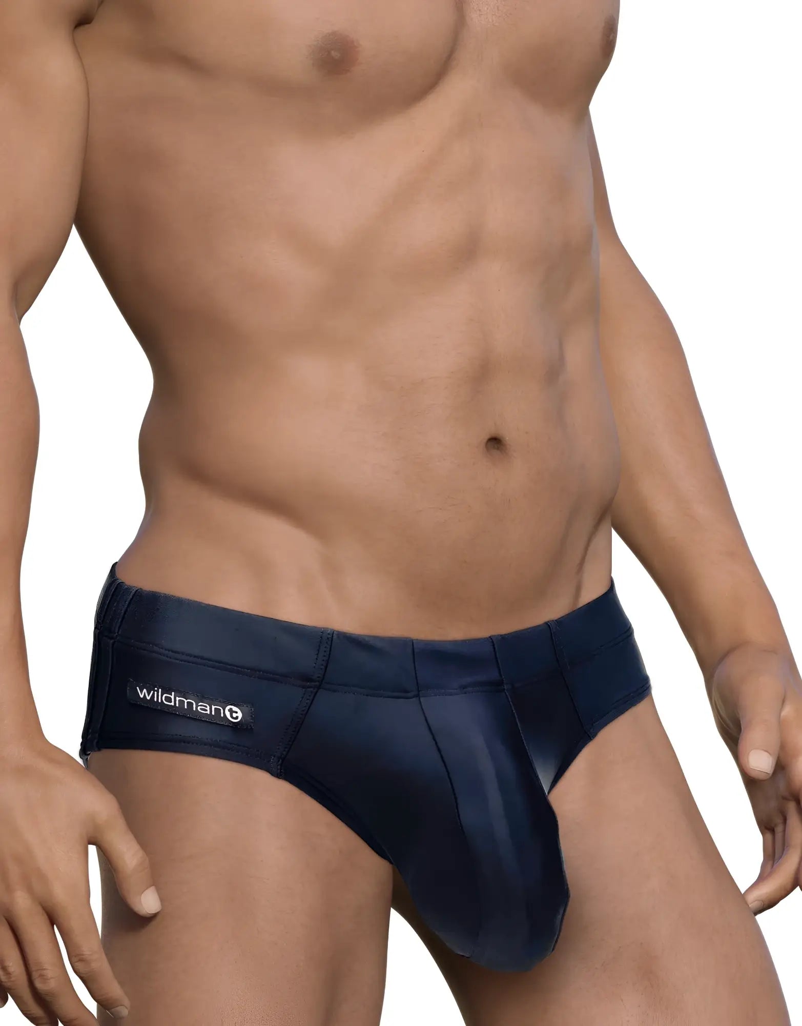 Black WildmanT swim brief with a contoured big boy pouch and a small white brand logo patch on the side.