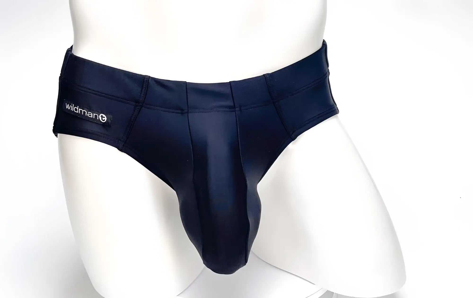 Black WildmanT Big Boy pouch swim brief with prominent center seam and branded side tag on a white mannequin.