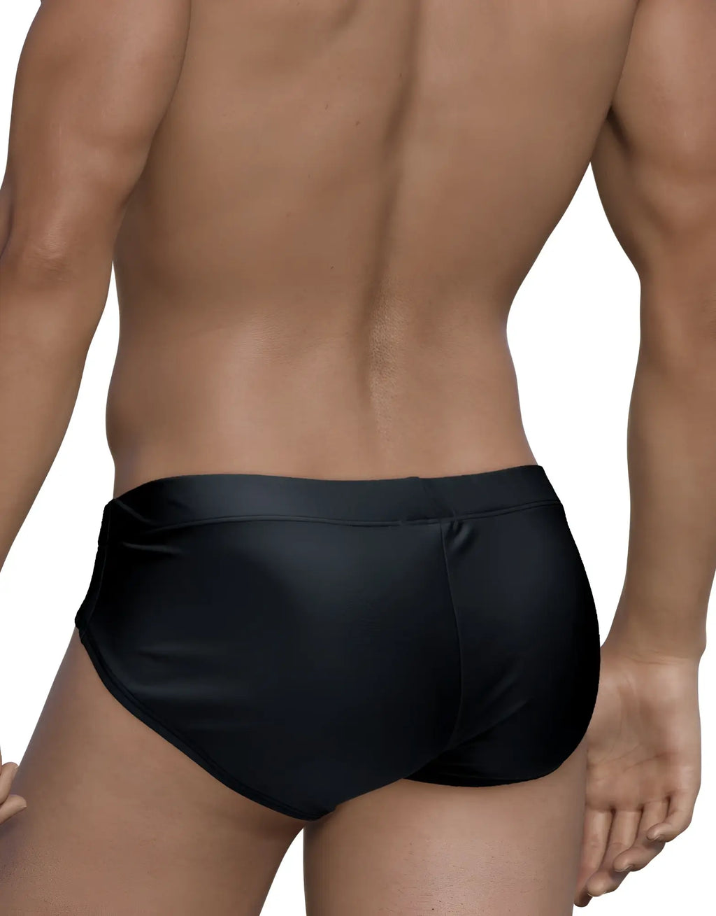 Back view of a man wearing solid black WildmanT Big Boy pouch swim briefs against a white background.