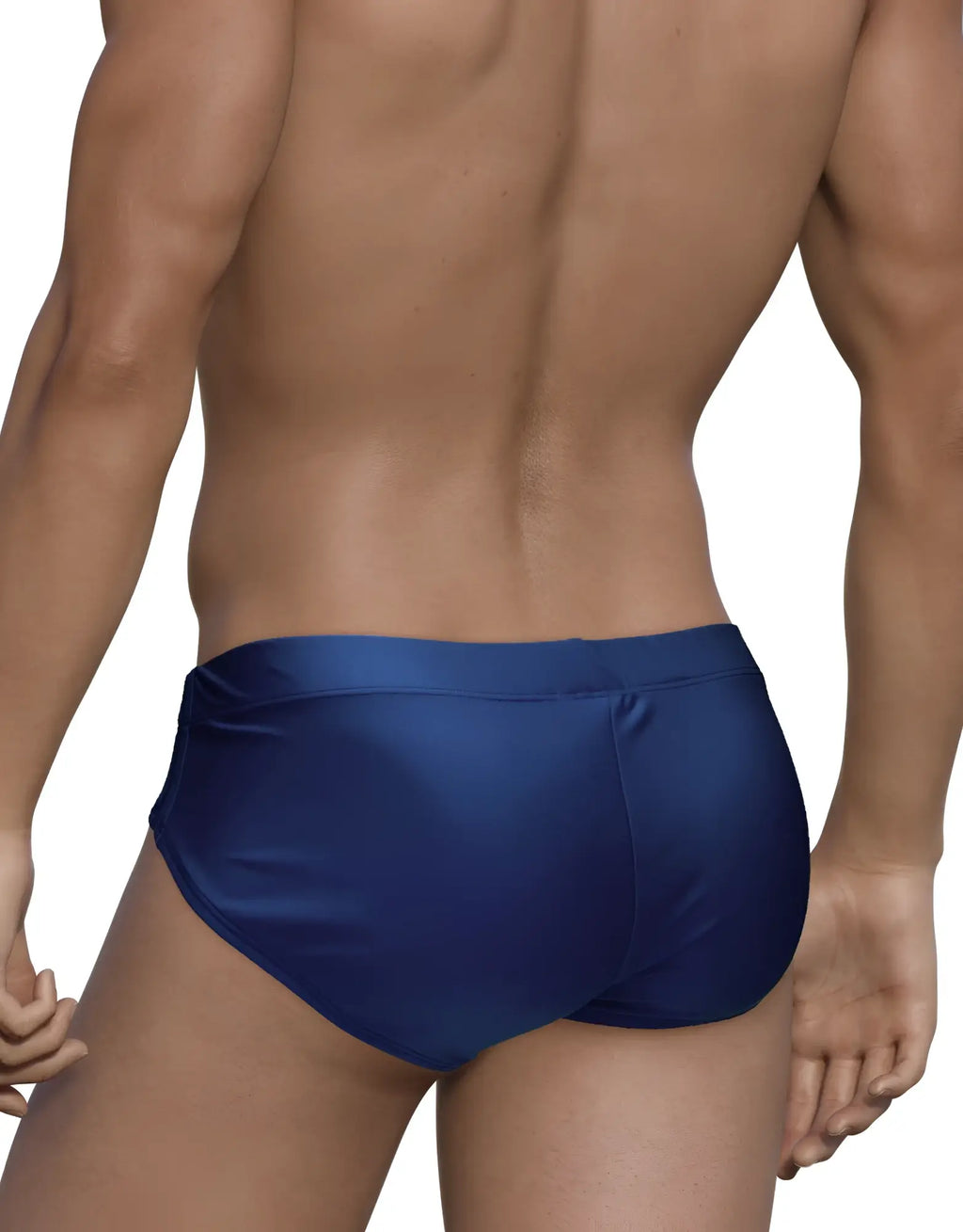 Back view of a male model wearing solid navy blue WildmanT Big Boy Pouch swim briefs with a sleek, fitted design.