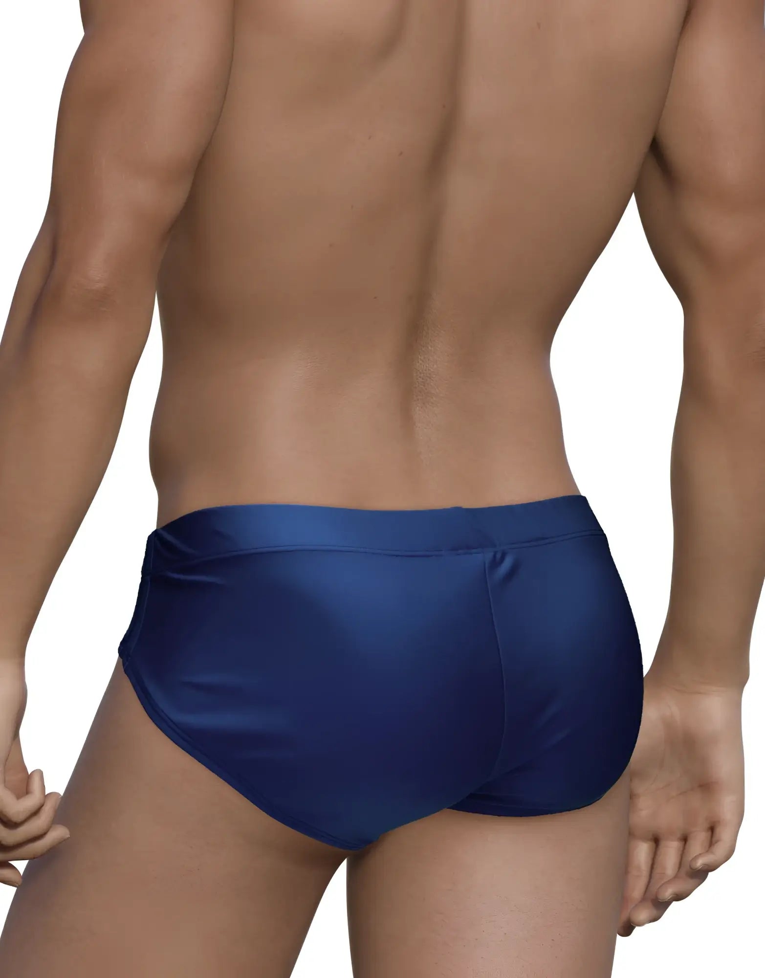 Back view of a male model wearing solid navy blue WildmanT Big Boy Pouch swim briefs with a sleek, fitted design.
