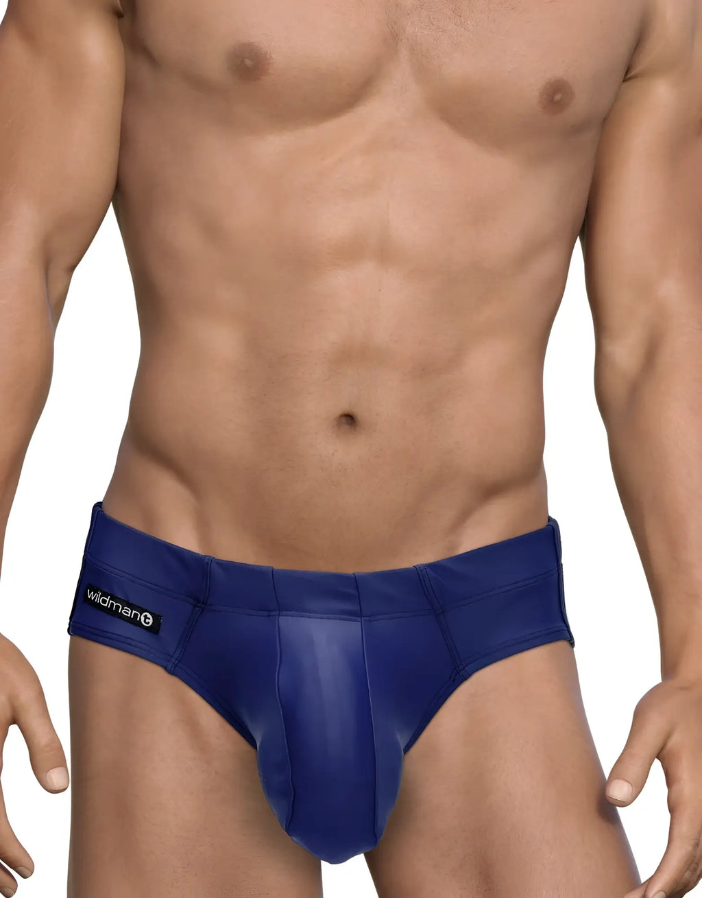 WildmanT navy blue swim brief with a contoured pouch design and branded tag on the side hip.