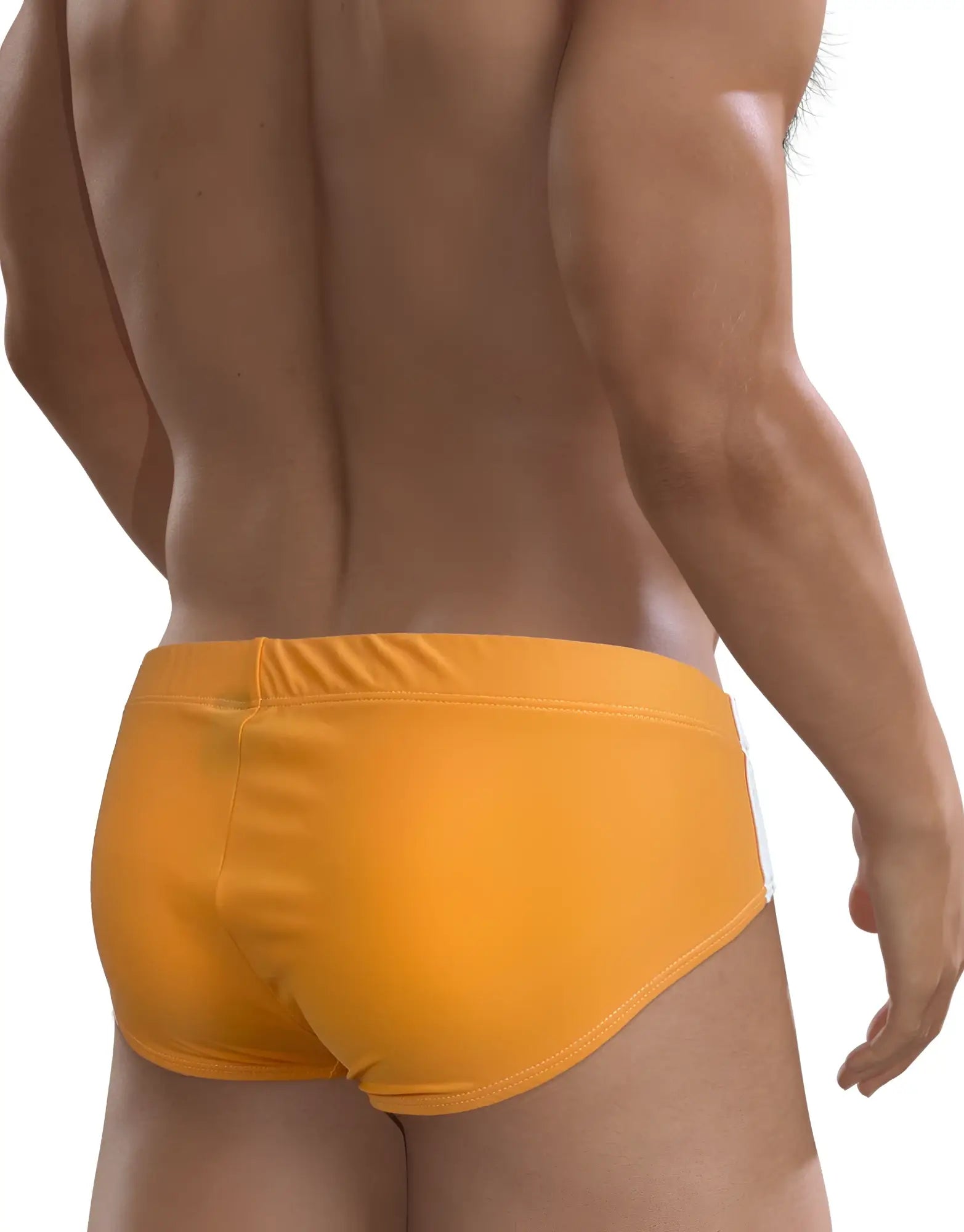 Rear view of a man wearing a solid orange WildmanT swim brief with white side accents.