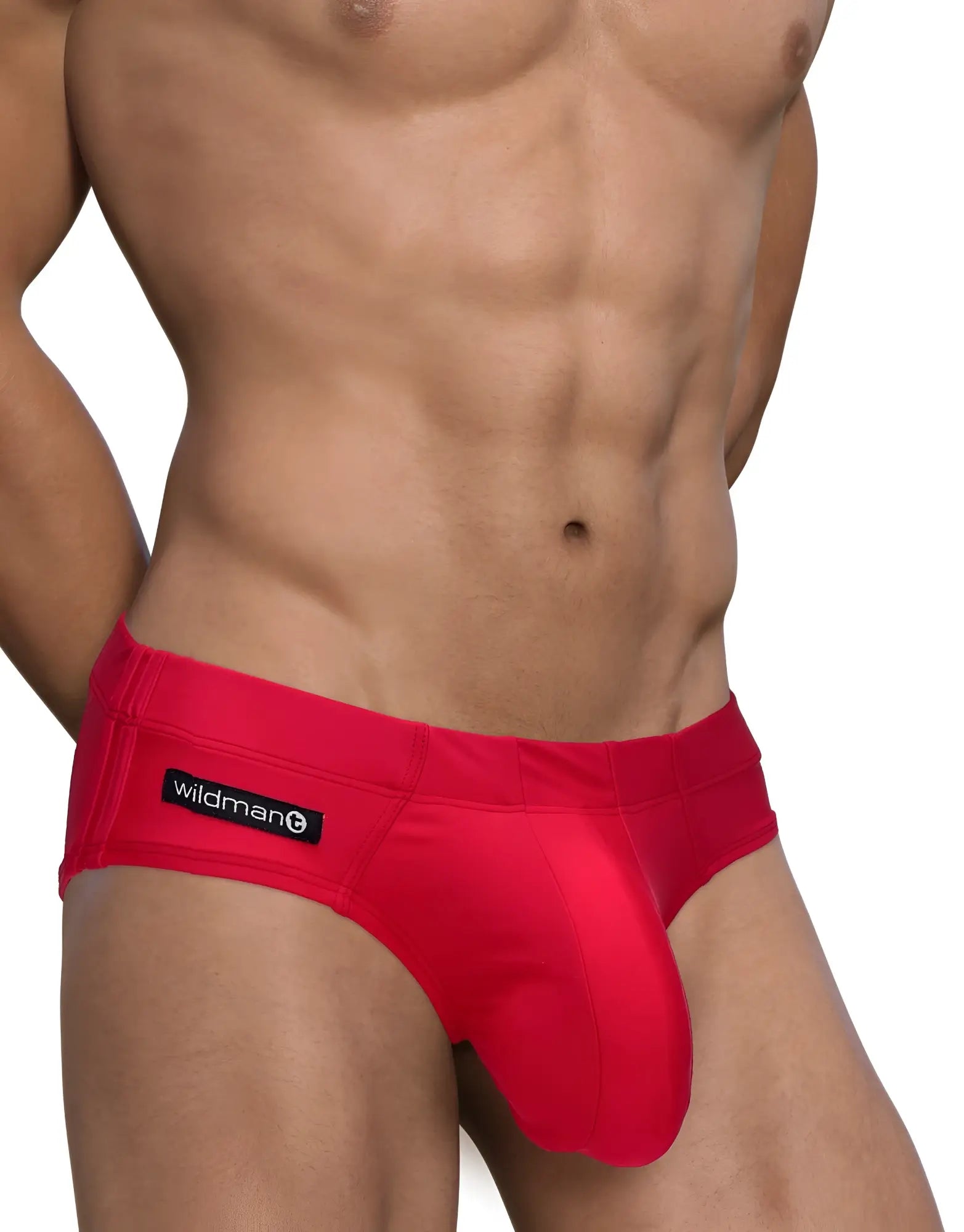 WildmanT Big Boy Pouch swim brief in red, featuring a prominent contour pouch and black brand logo on the waistband.