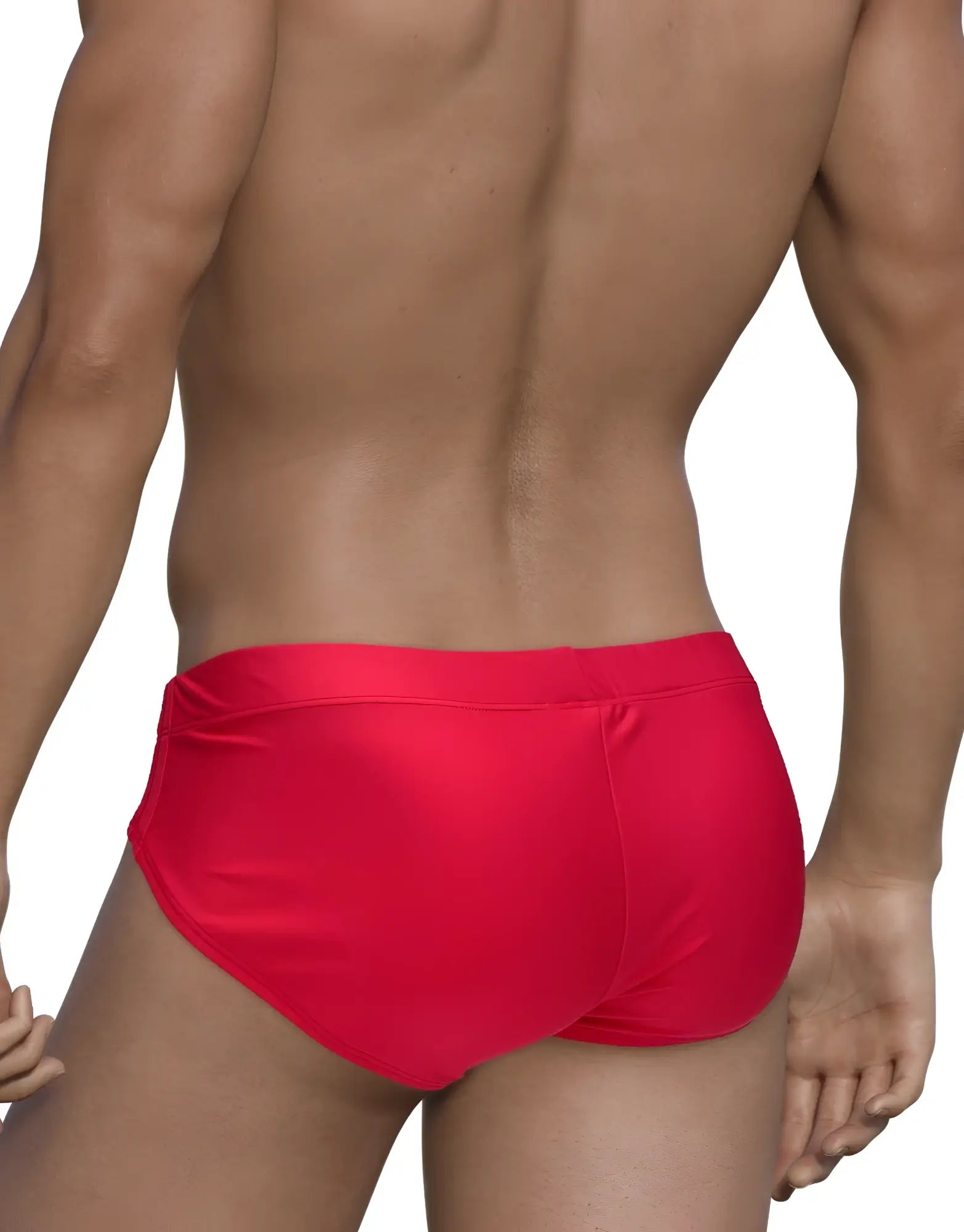 Back view of a man wearing solid bright red WildmanT Big Boy Pouch swim briefs with a sleek, fitted design.