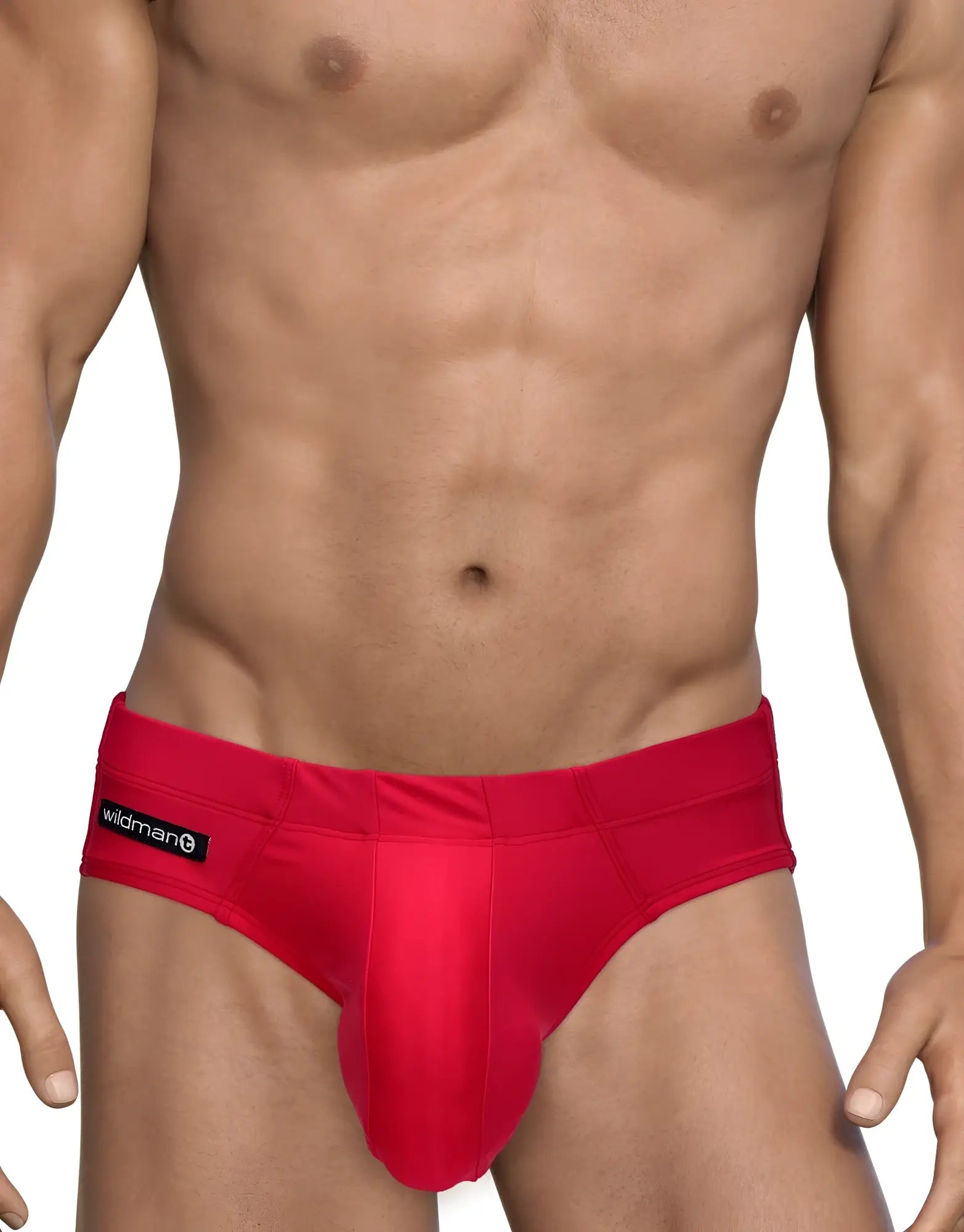 WildmanT Big Boy red swim brief with a contoured pouch and black logo tab on the hip, worn by a fit model.