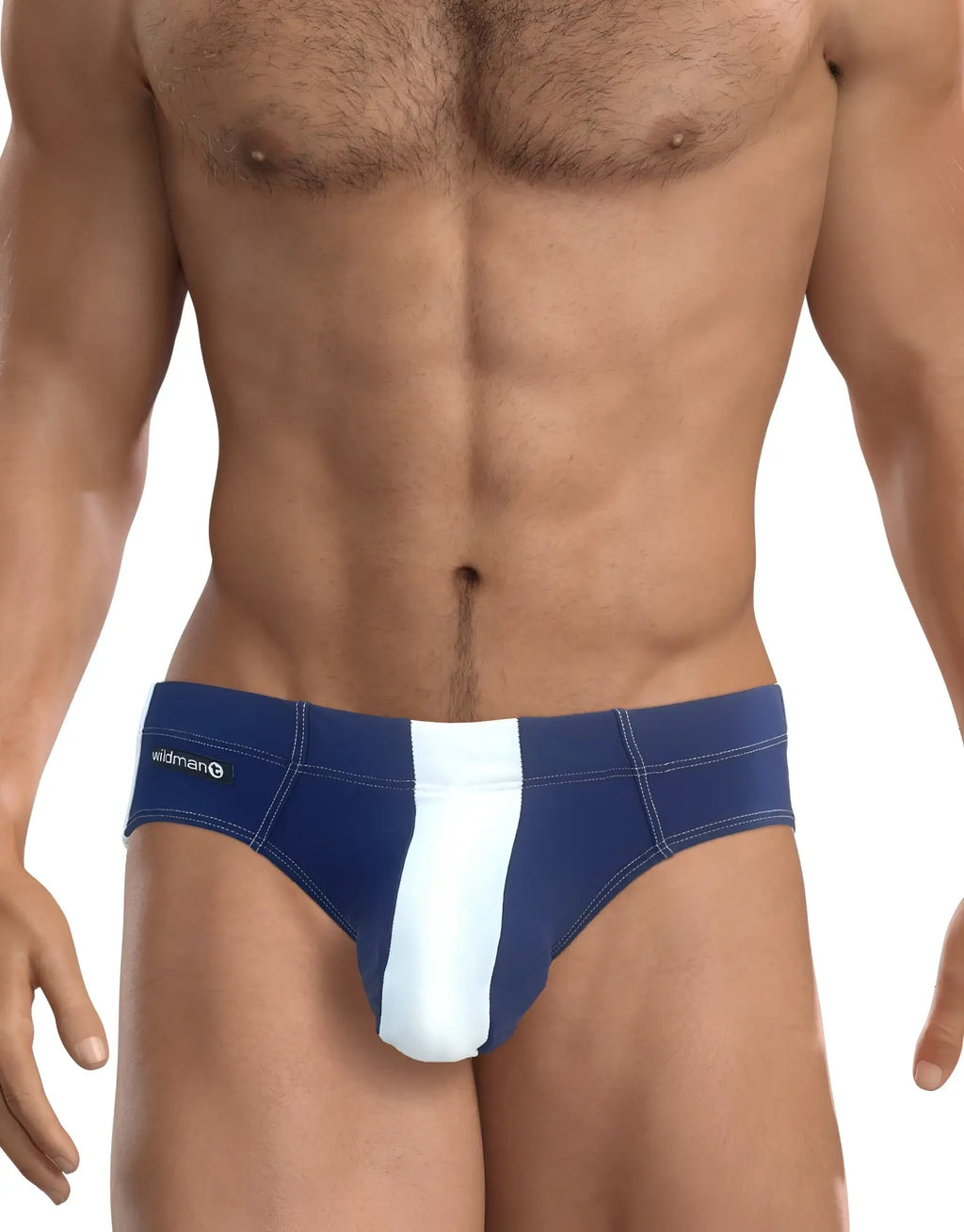 WildmanT Big Boy Pouch swim brief in royal blue with a vertical white center panel and side logo tag.