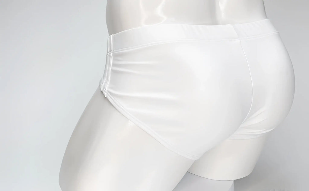 Back view of a plain white WildmanT Big Boy pouch swim brief on a white mannequin torso.