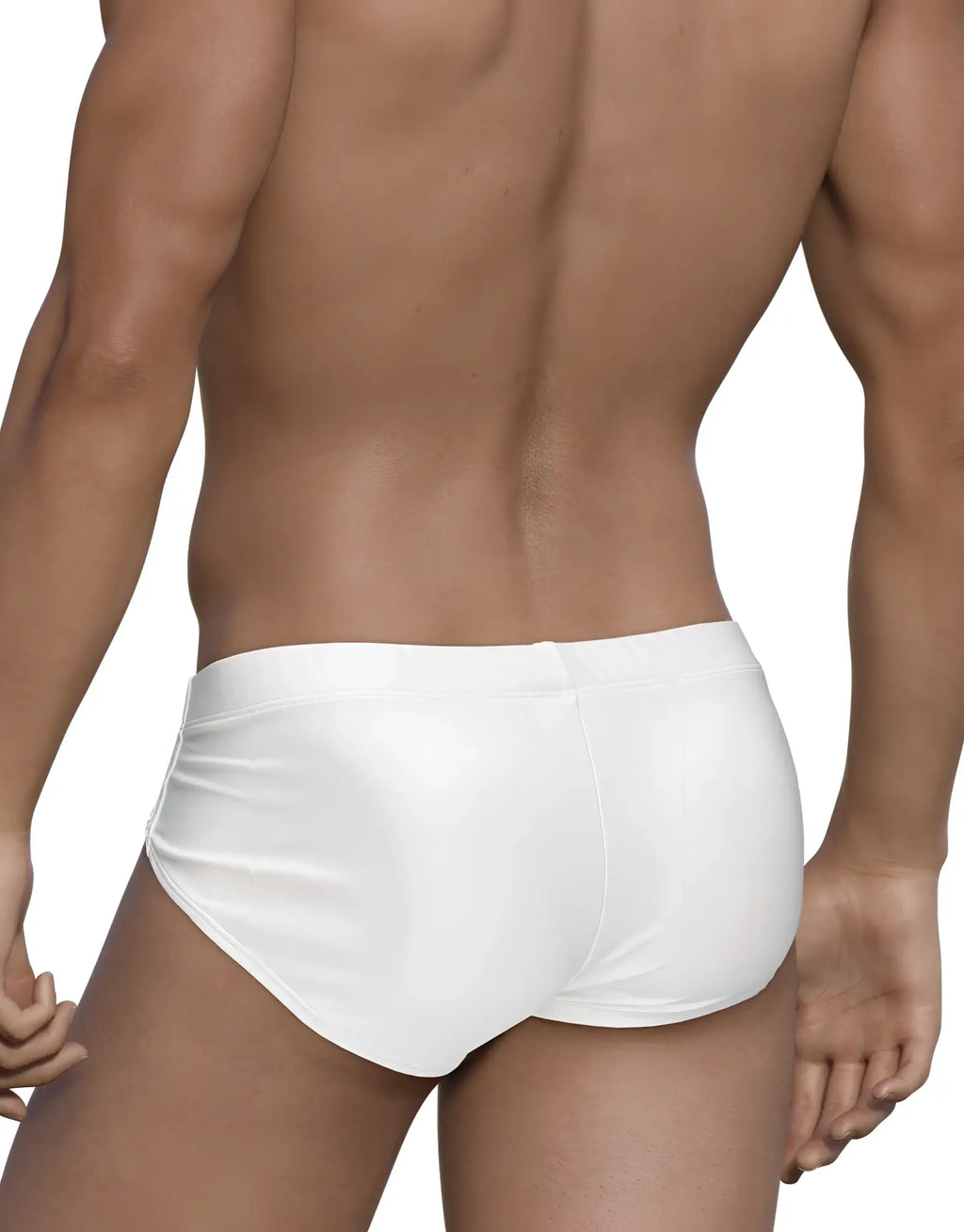 Back view of a muscular man wearing solid white WildmanT Big Boy Pouch swim briefs with a classic low-rise fit.