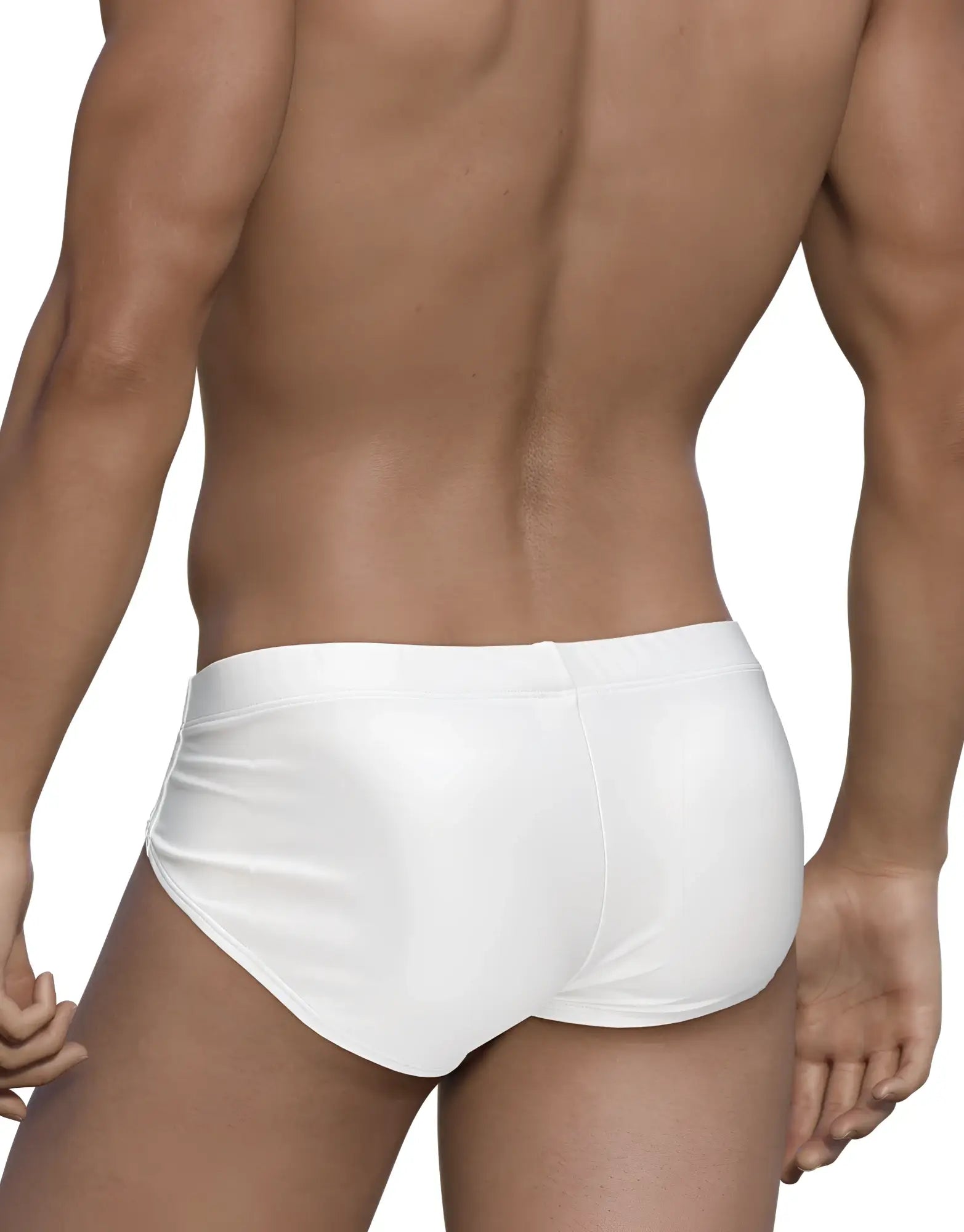 Back view of a muscular man wearing solid white WildmanT Big Boy Pouch swim briefs with a classic low-rise fit.