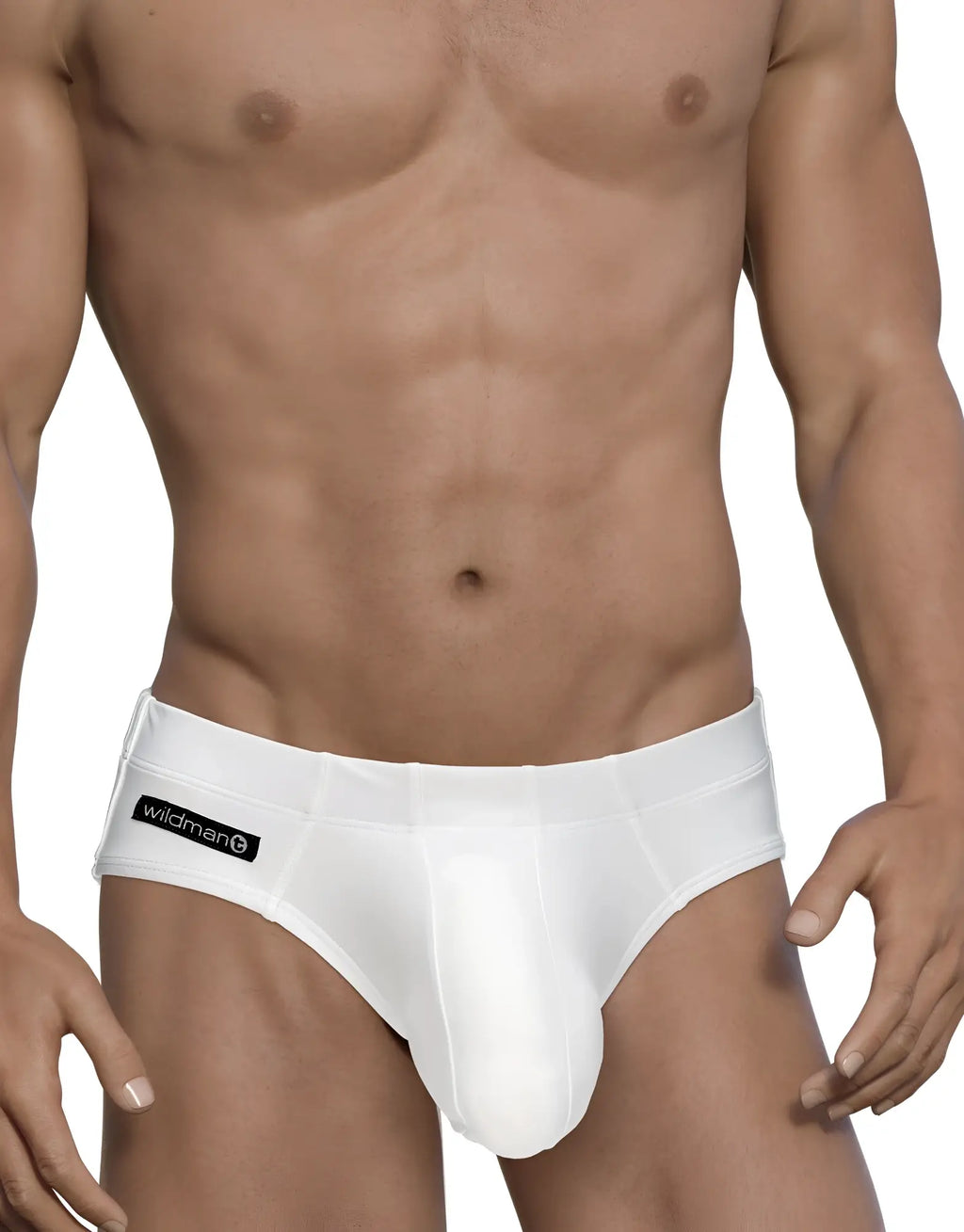 White WildmanT Big Boy pouch swim brief with a black branded logo tab on the side, worn by a muscular male model.