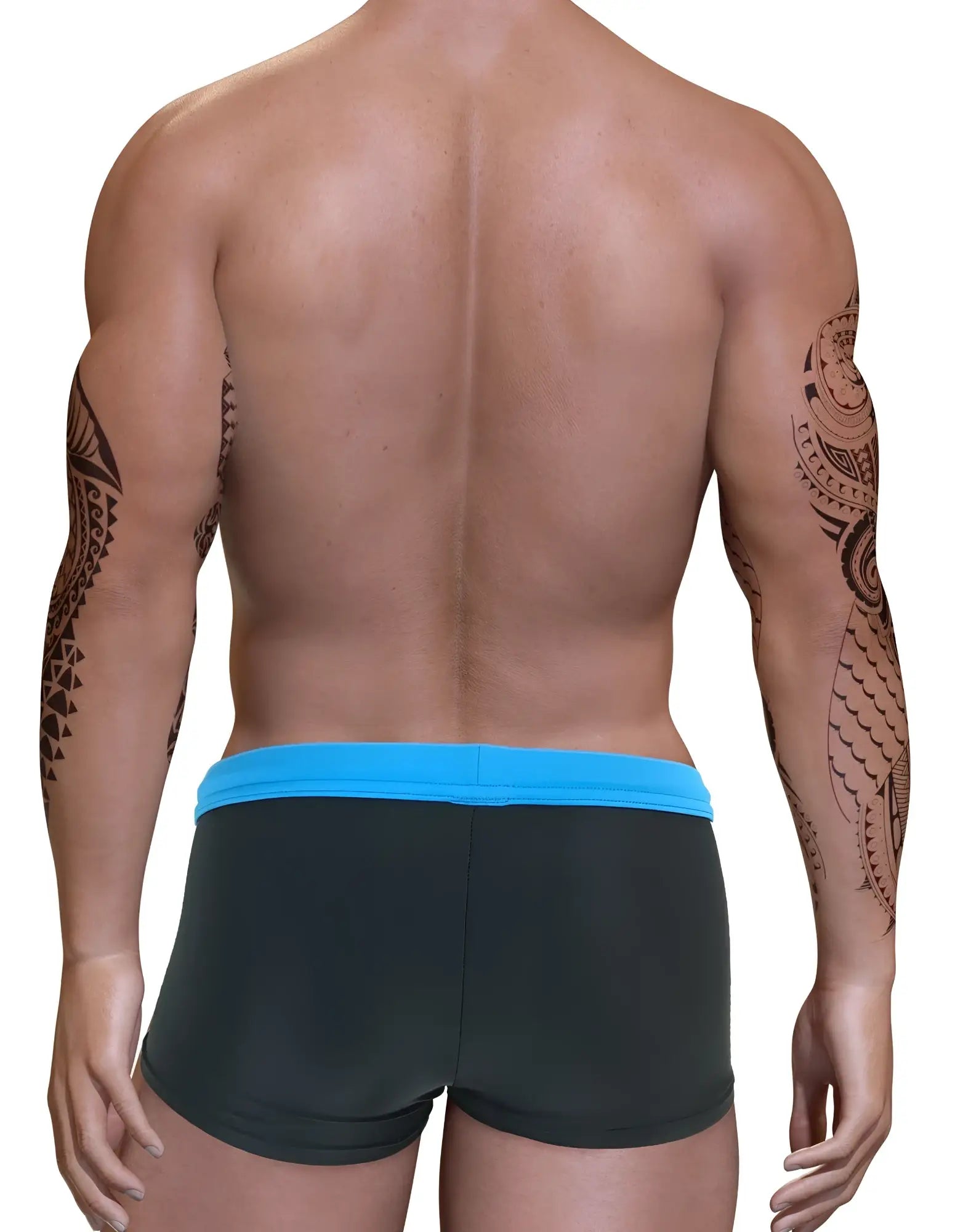 Back view of a muscular man wearing blue and dark grey square-cut swim trunks with a pouch design.