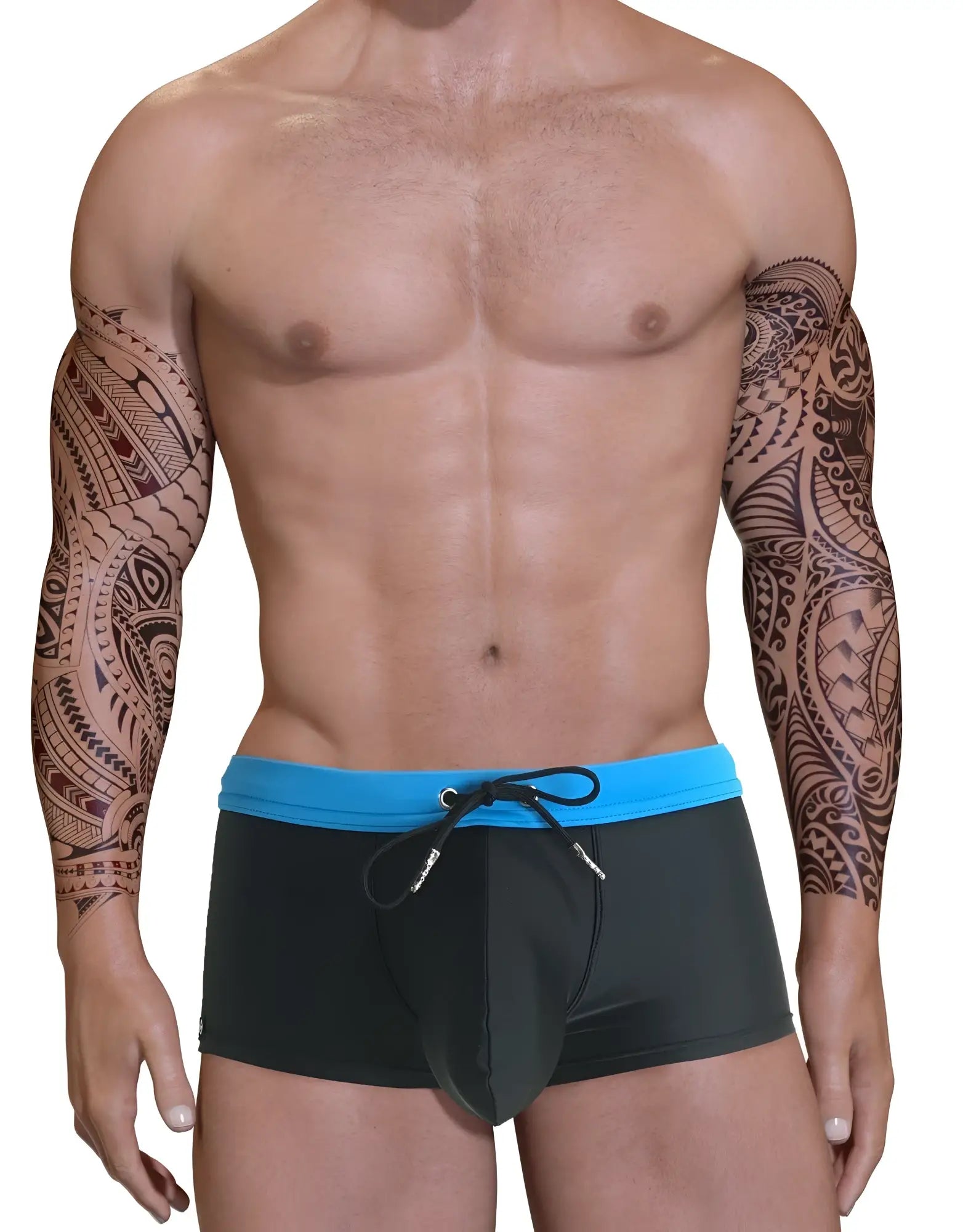 Blue and black square-cut swim trunks with a drawstring waistband and a contour pouch, worn by a man with tattoos.