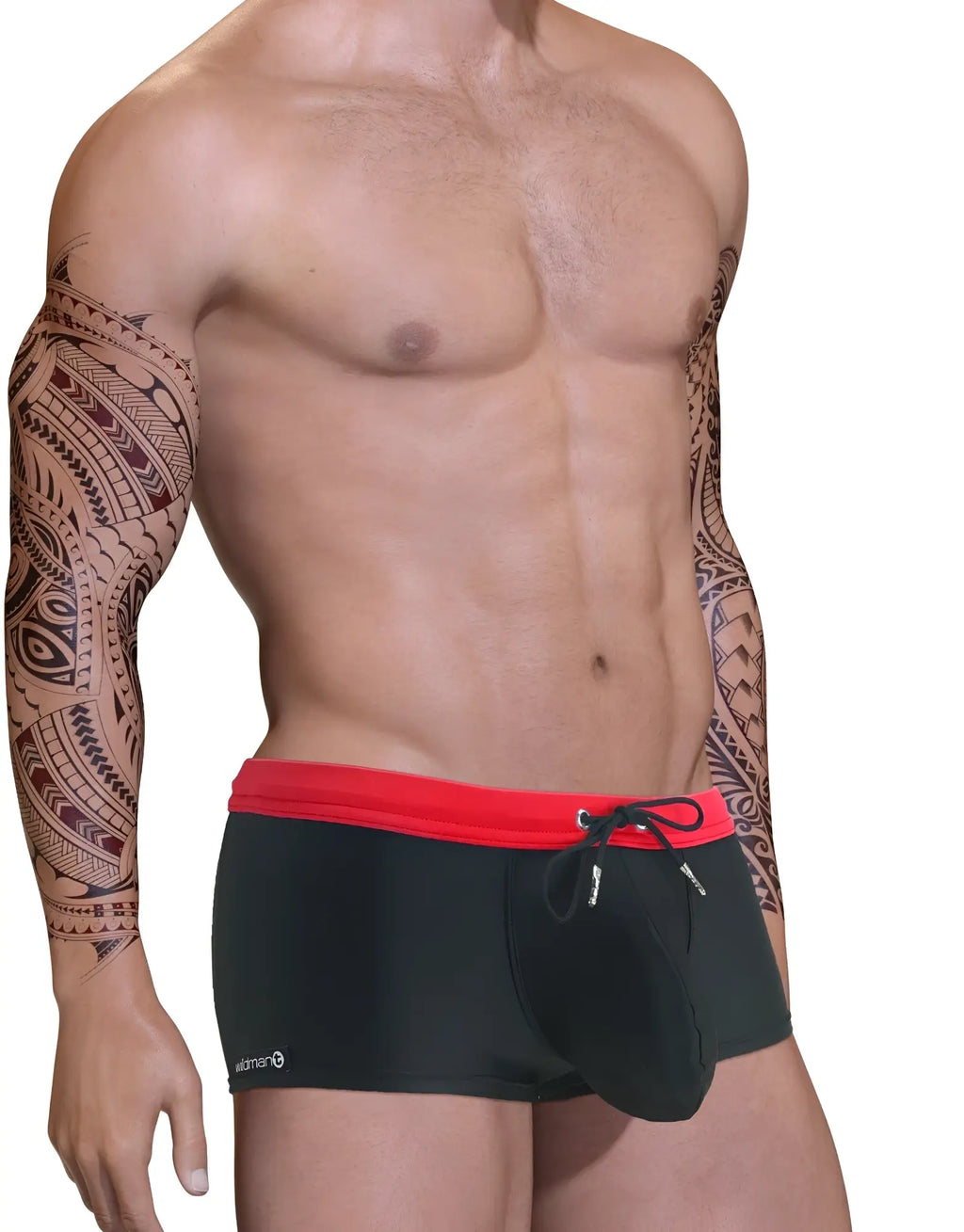 Black square-cut swim trunks with a prominent pouch, red waistband, and adjustable black drawstring.