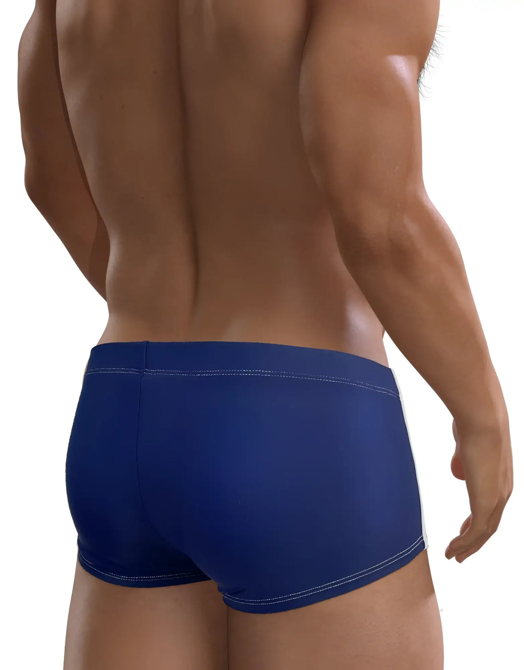 Royal blue WildmanT square-cut swim trunks with white side piping, viewed from the back on a muscular male torso.