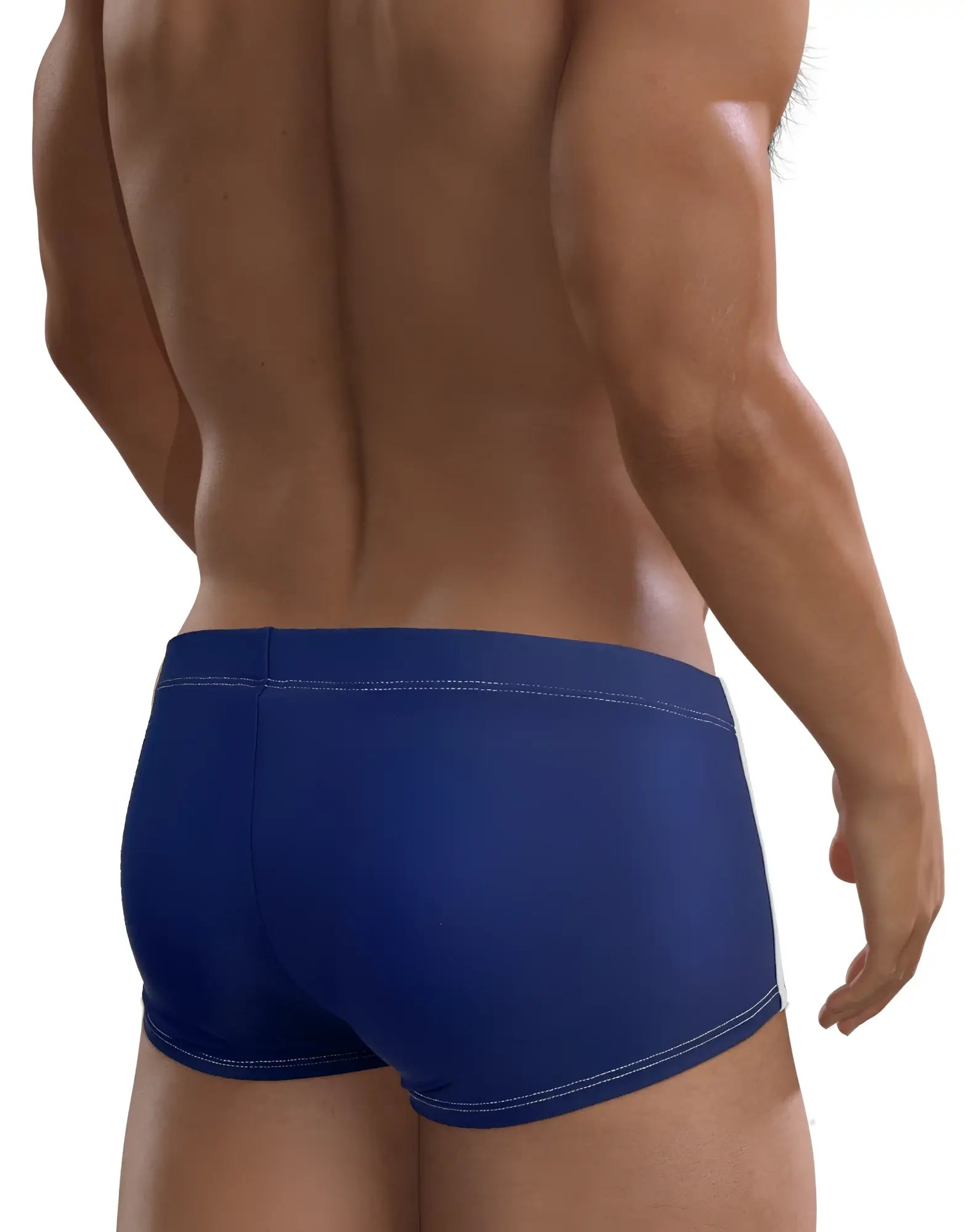 Royal blue WildmanT square-cut swim trunks with white side piping, viewed from the back on a muscular male torso.