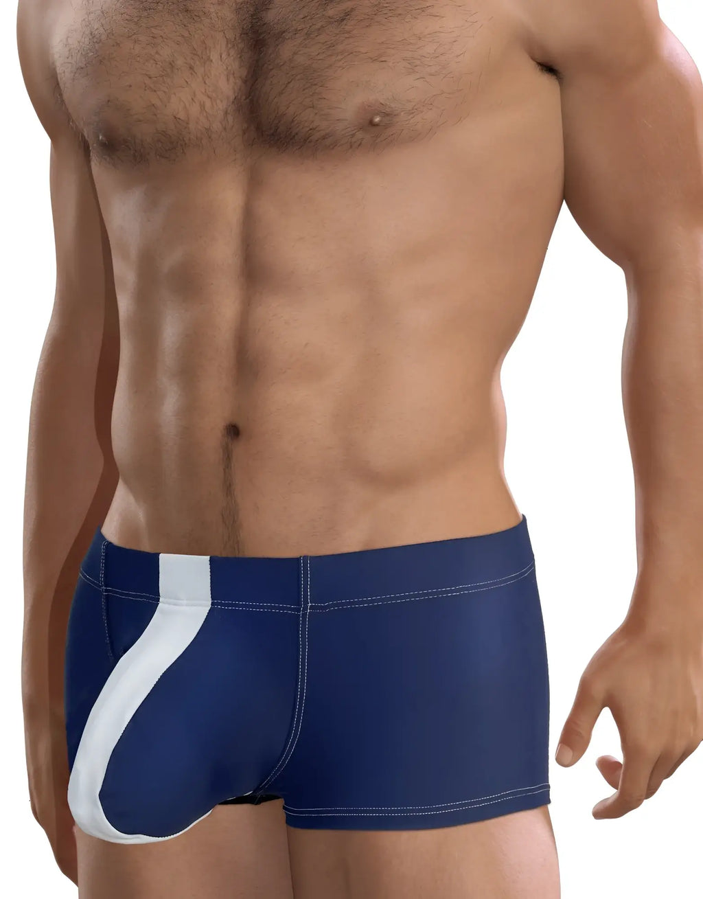 Royal blue square-cut swim trunks with a white vertical side stripe and visible contrast stitching on a fit male torso.