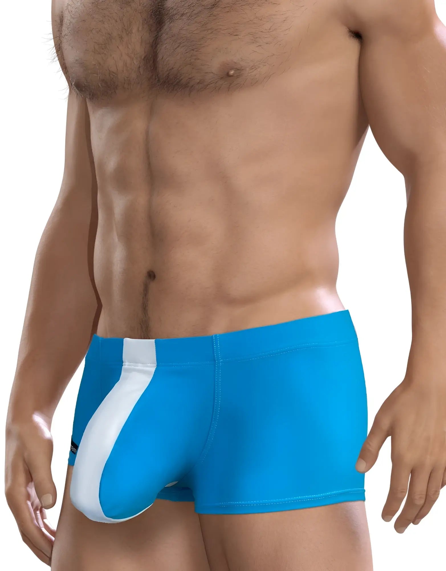 Teal blue square-cut swim trunks with a prominent white vertical pouch panel on a fit male torso.