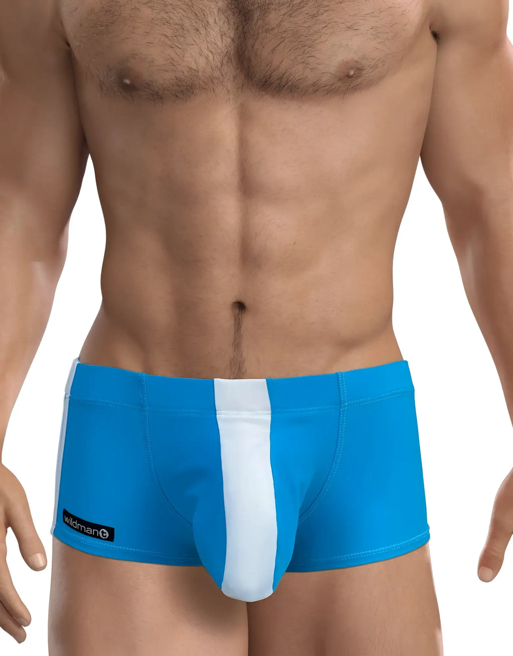 Teal blue WildmanT square-cut swim trunks featuring a white center pouch panel and side stripe branding.