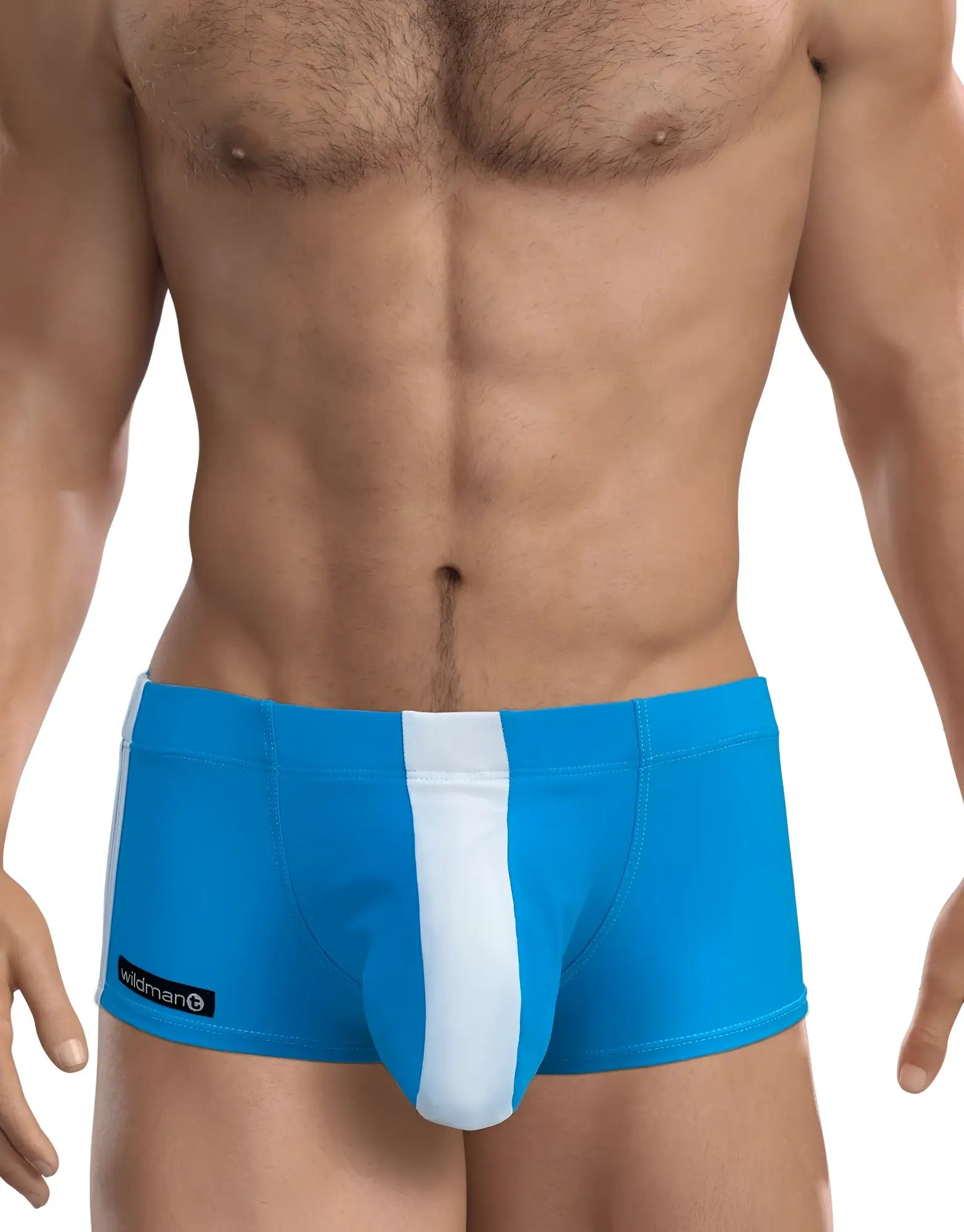 Teal blue WildmanT square-cut swim trunks featuring a white center pouch panel and side stripe branding.