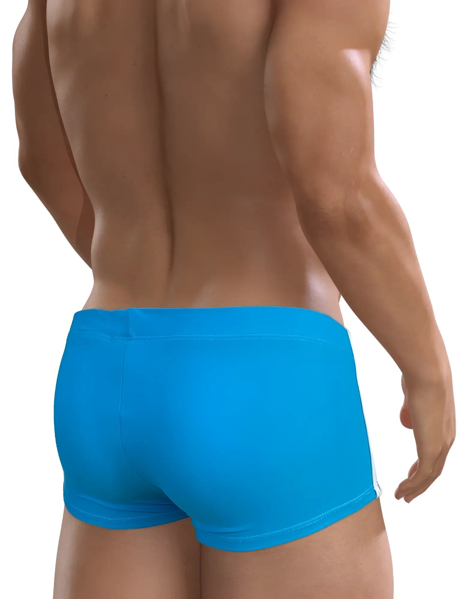 Back view of WildmanT teal blue square-cut swim trunks on a fit male model.