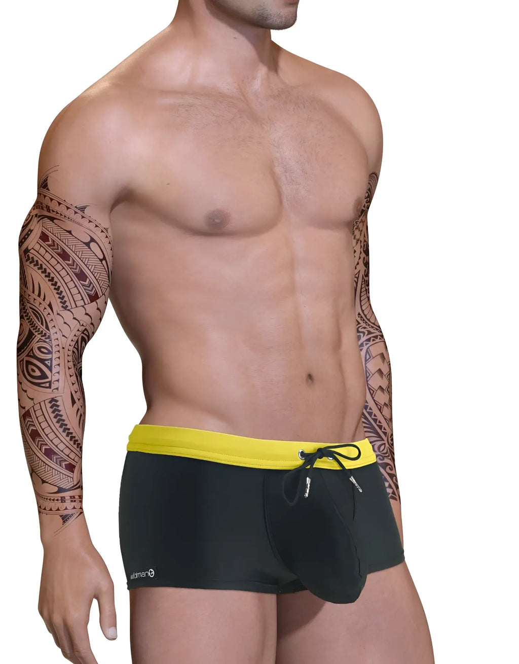 Black and yellow square-cut swim trunks with a prominent front pouch and a drawstring waistband.