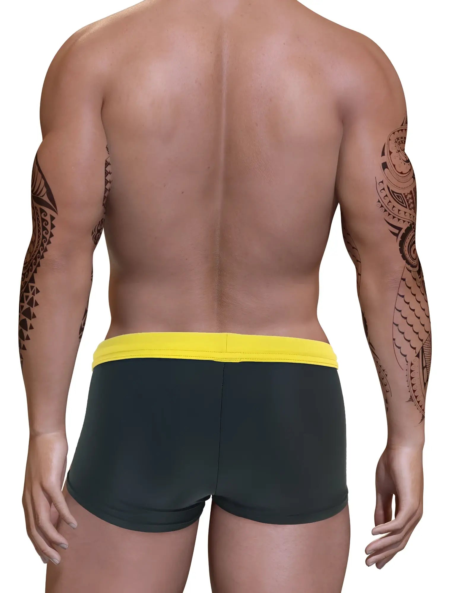 Back view of a muscular man with arm tattoos wearing square-cut swim trunks with a black body and bright yellow band.