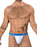 White mesh strapless pouch underwear with a blue elastic waistband featuring "wildmant" branding.