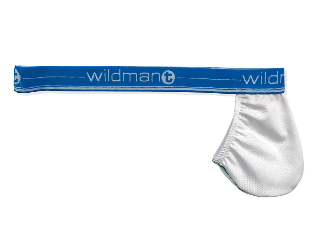White mesh strapless pouch featuring a blue elastic waistband with the Wildmant logo in white.