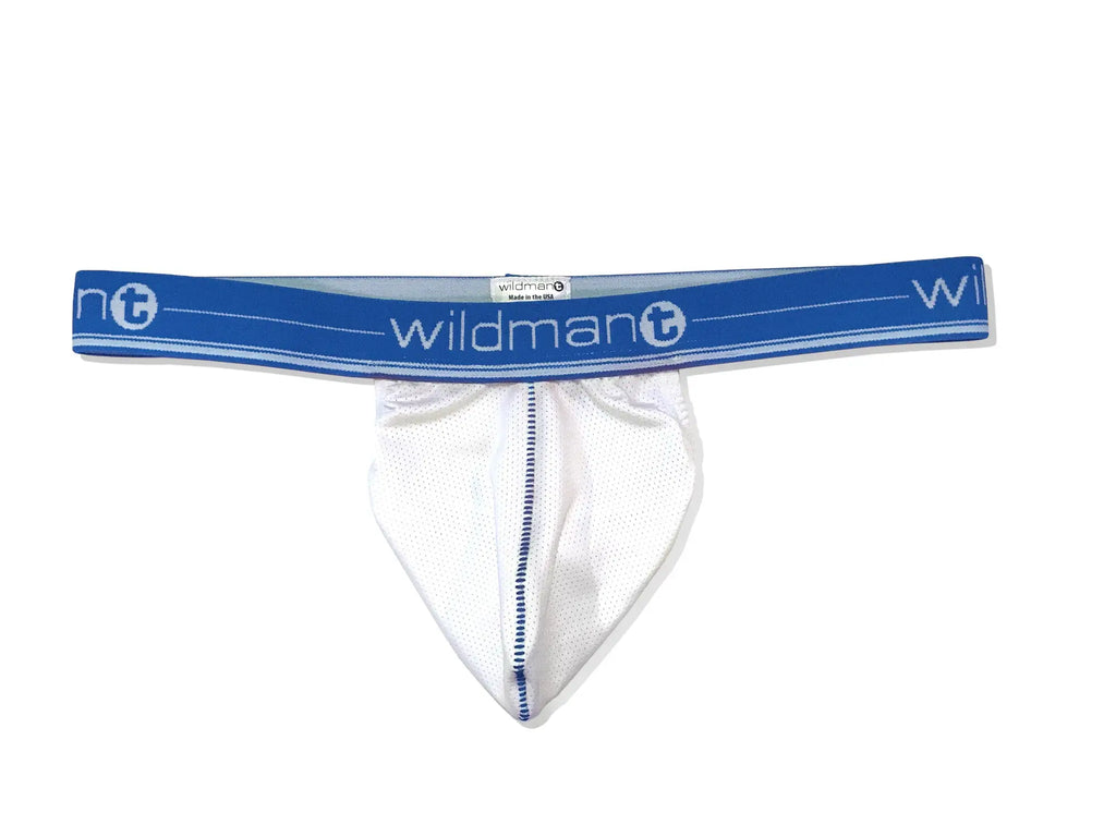 White mesh strapless pouch with a blue waistband featuring the "wildman" logo and blue center stitching.