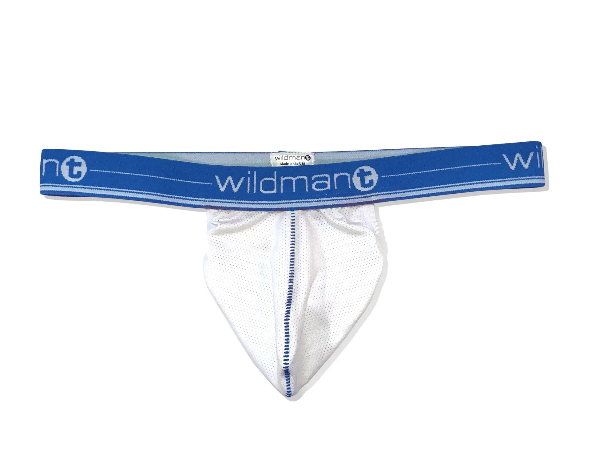 White mesh strapless pouch with a blue waistband featuring the "wildman" logo and blue center stitching.