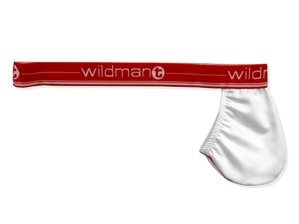White mesh strapless pouch attached to a red elastic waistband featuring the "wildmant" logo in white text.