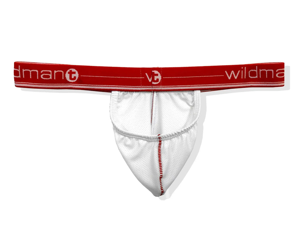 White mesh strapless pouch with a red center seam and a red branded elastic waistband on a white background.